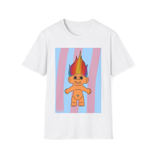 90s Retro Rainbow Troll T-Shirt — Colorful Flaming Hair Cartoon Tee