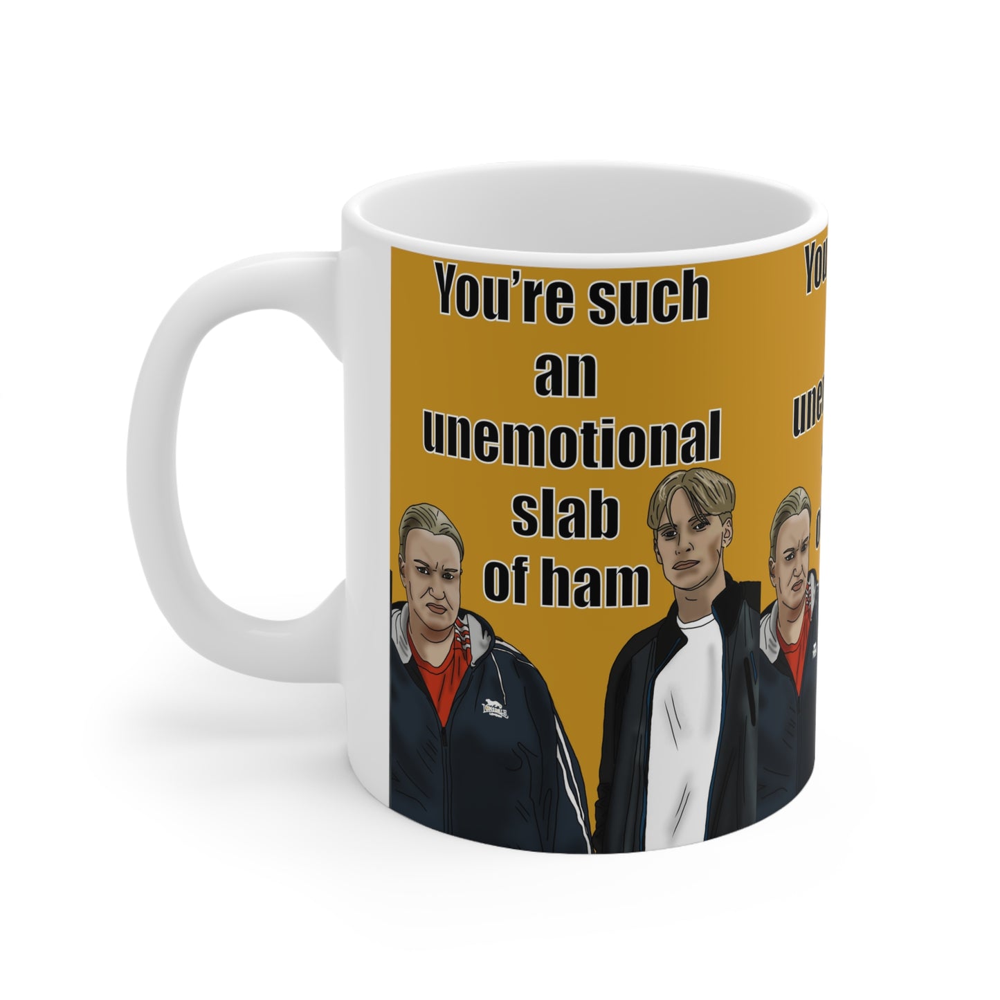 Kerry & Kurtan — "You're such an unemotional slab of ham" Illustrated Characters Coffee Cup, 11oz & 15oz