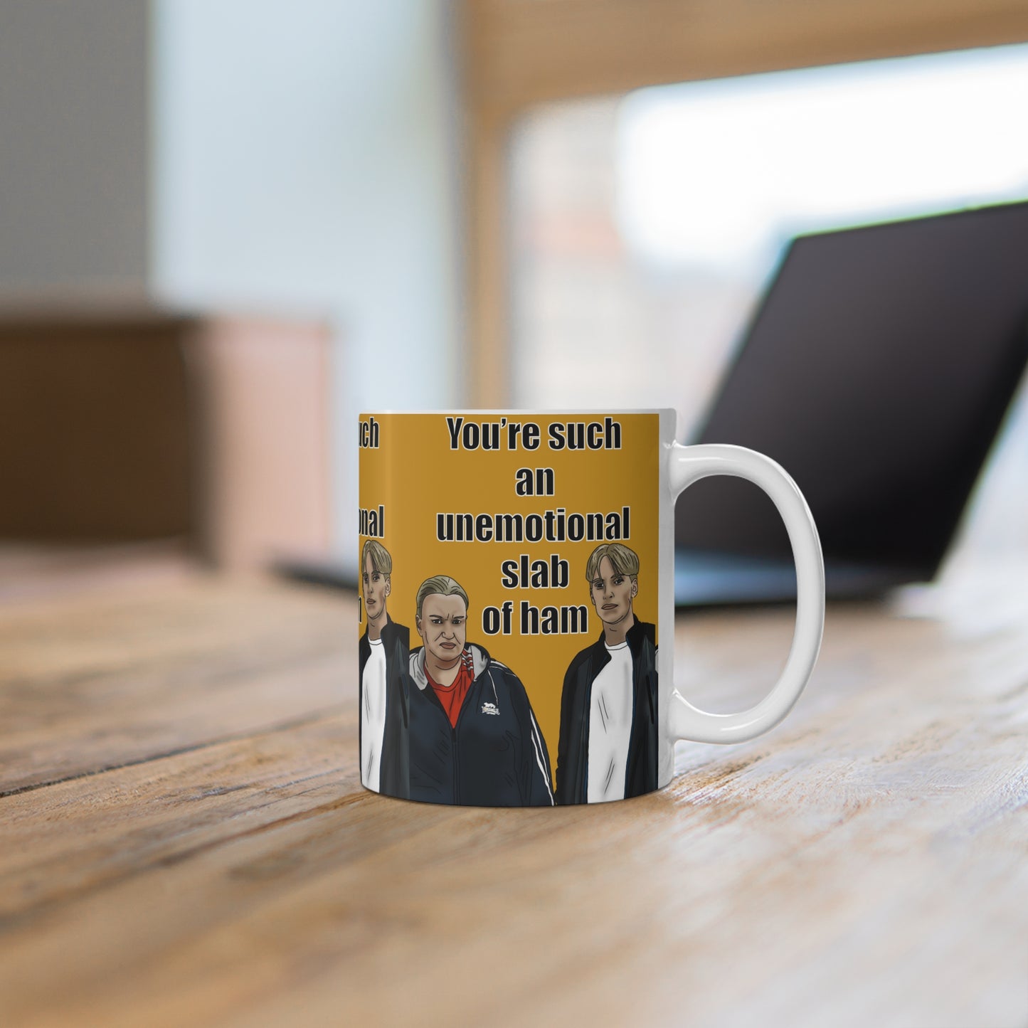 Kerry & Kurtan — "You're such an unemotional slab of ham" Illustrated Characters Coffee Cup, 11oz & 15oz