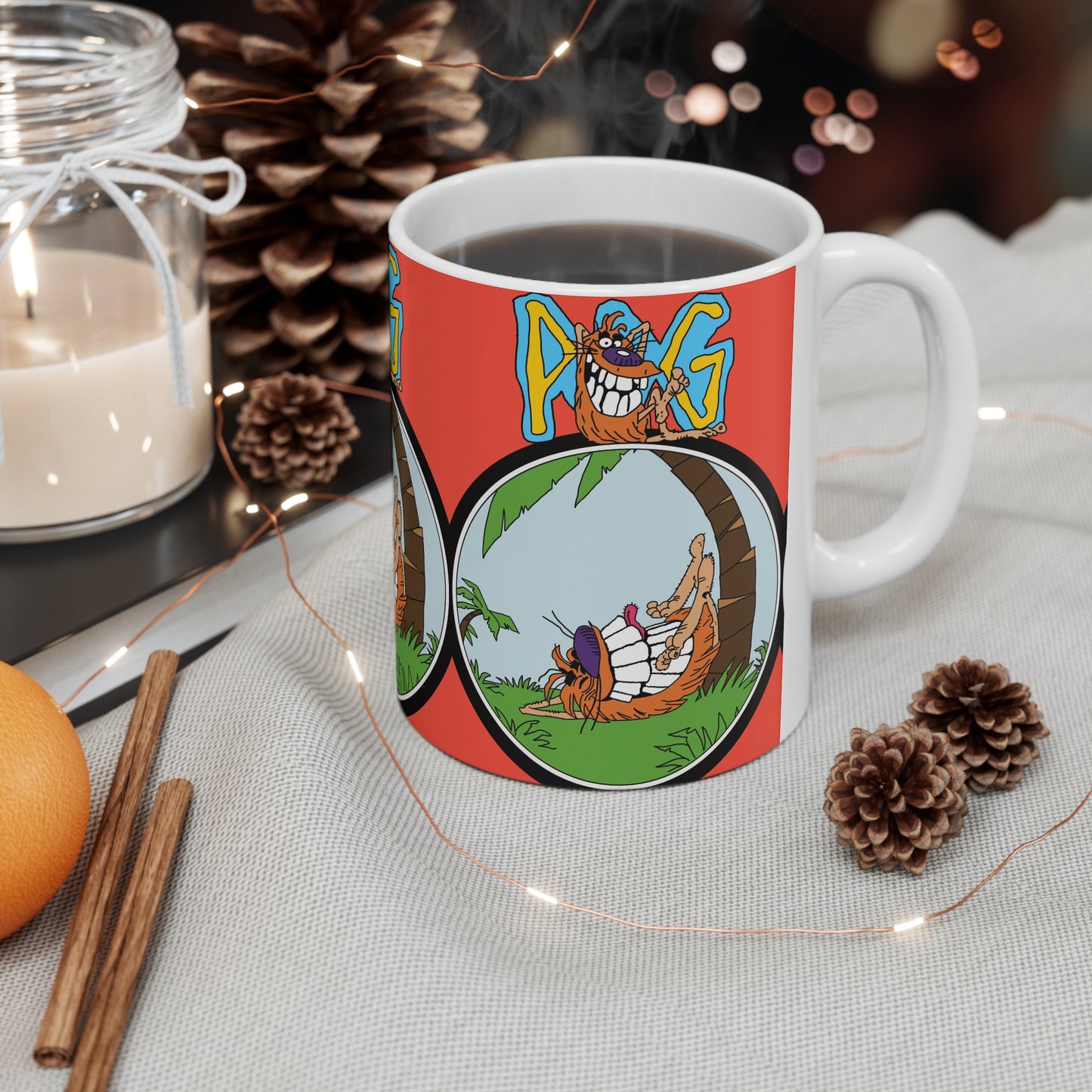 Pog 90s Tropical Hammock Cartoon Mug – "POG" Retro Cup