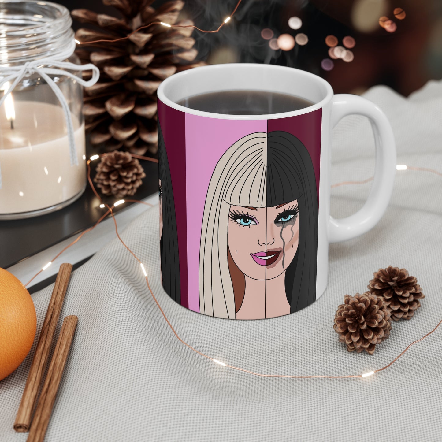 Multiple Personalities Mug — Split Face Pop Art Woman Ceramic Coffee Cup
