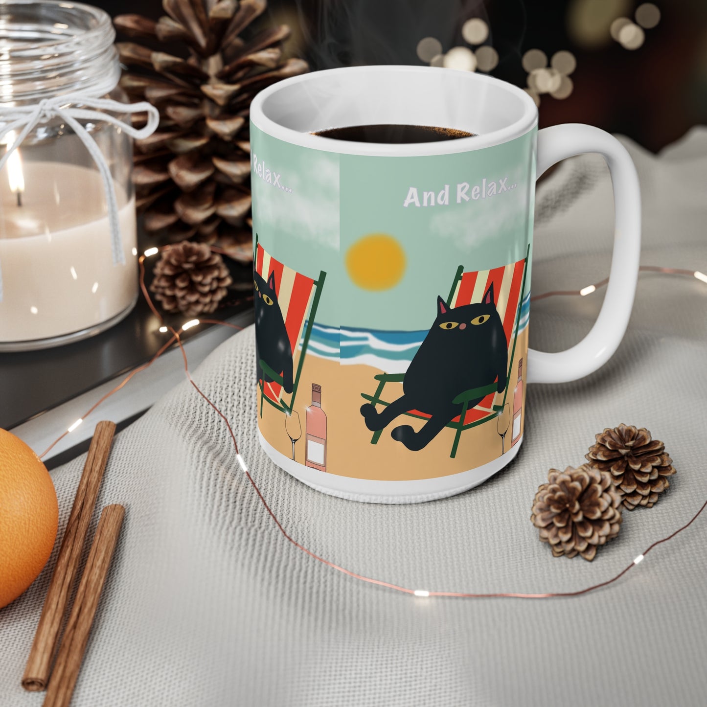 Ceramic Mug — "And Relax" Beach Cat Coffee Cup (11oz & 15oz)