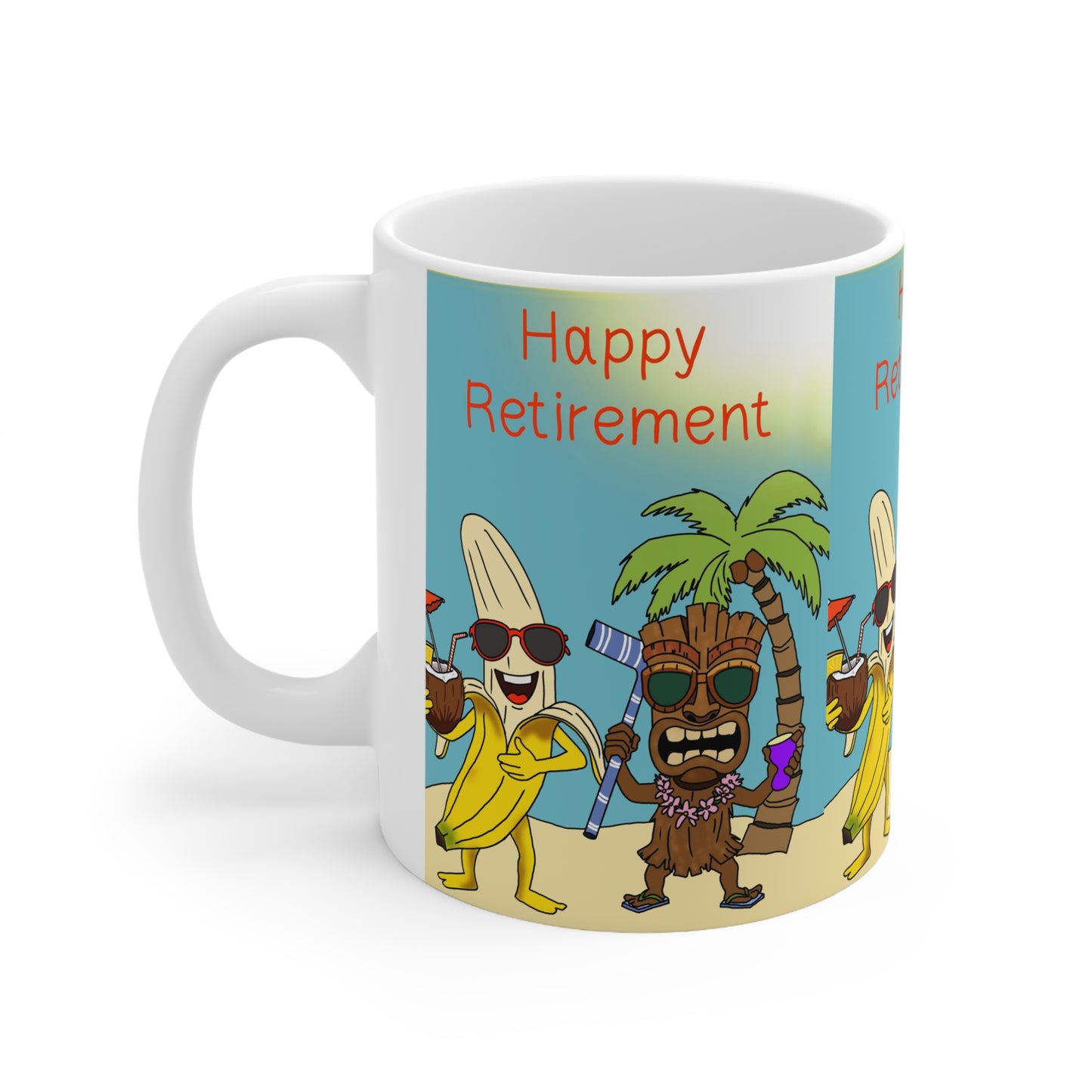 Retirement Beach Party Mug — "Happy Retirement" Tropical Tiki & Banana Coffee Cup (11oz, 15oz)