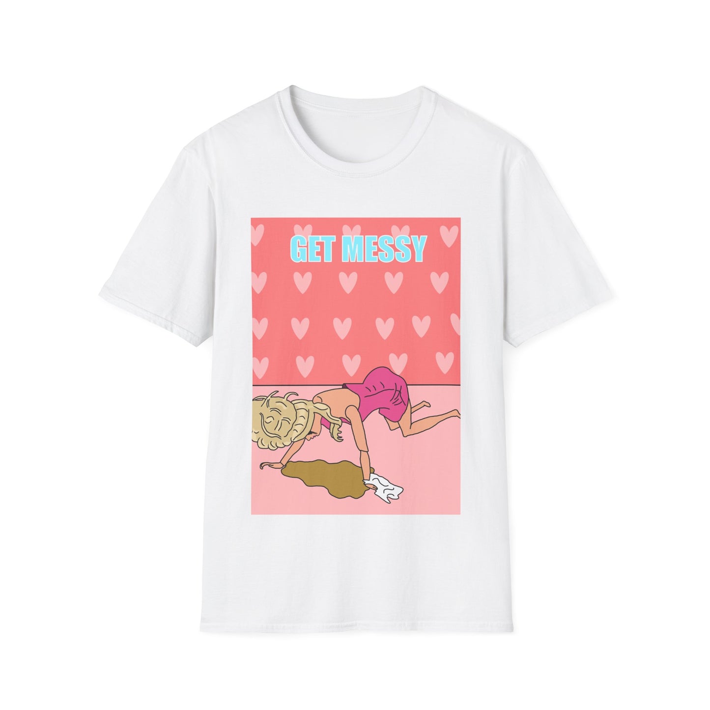 Get Messy Graphic T‑Shirt — Cute Pink Heart Illustration Hen Party