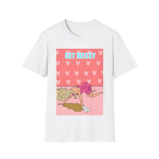 Get Messy Graphic T‑Shirt — Cute Pink Heart Illustration Hen Party