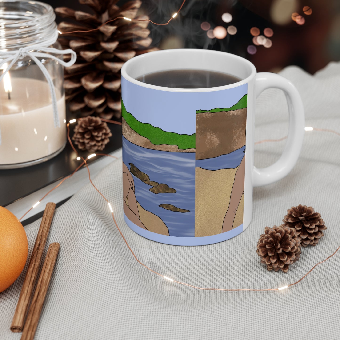 Lewis Capaldi beach Relaxation Ceramic Coffee Mug — Retro Sunbather Illustration (11oz/15oz)