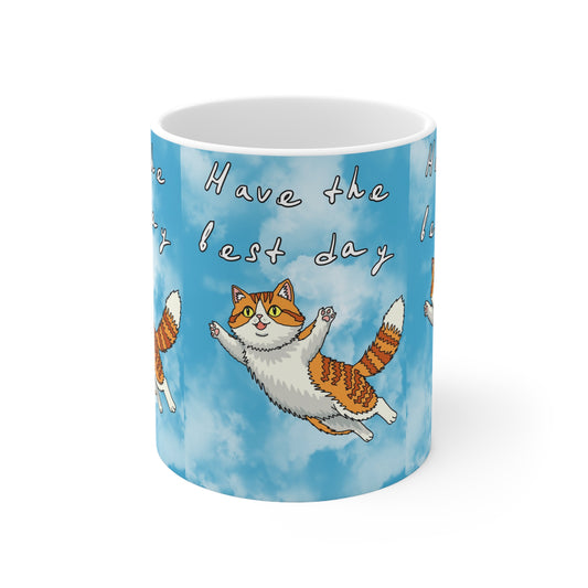 Have the Best Day Flying Cat Coffee Mug — Cute Sky Blue Ceramic Cup