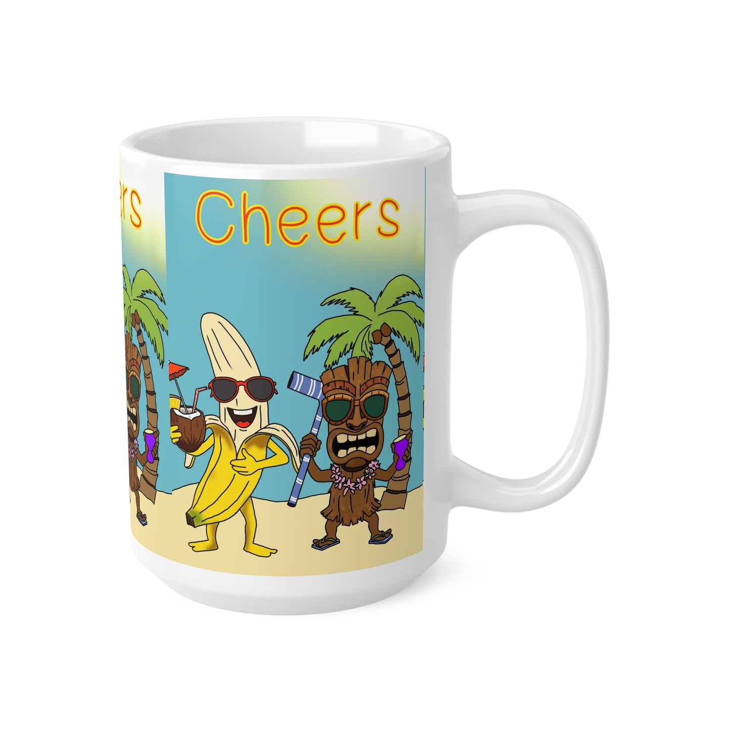 Cheers Beach Party Mug — Tropical Tiki Banana Coffee Cup (11oz & 15oz)
