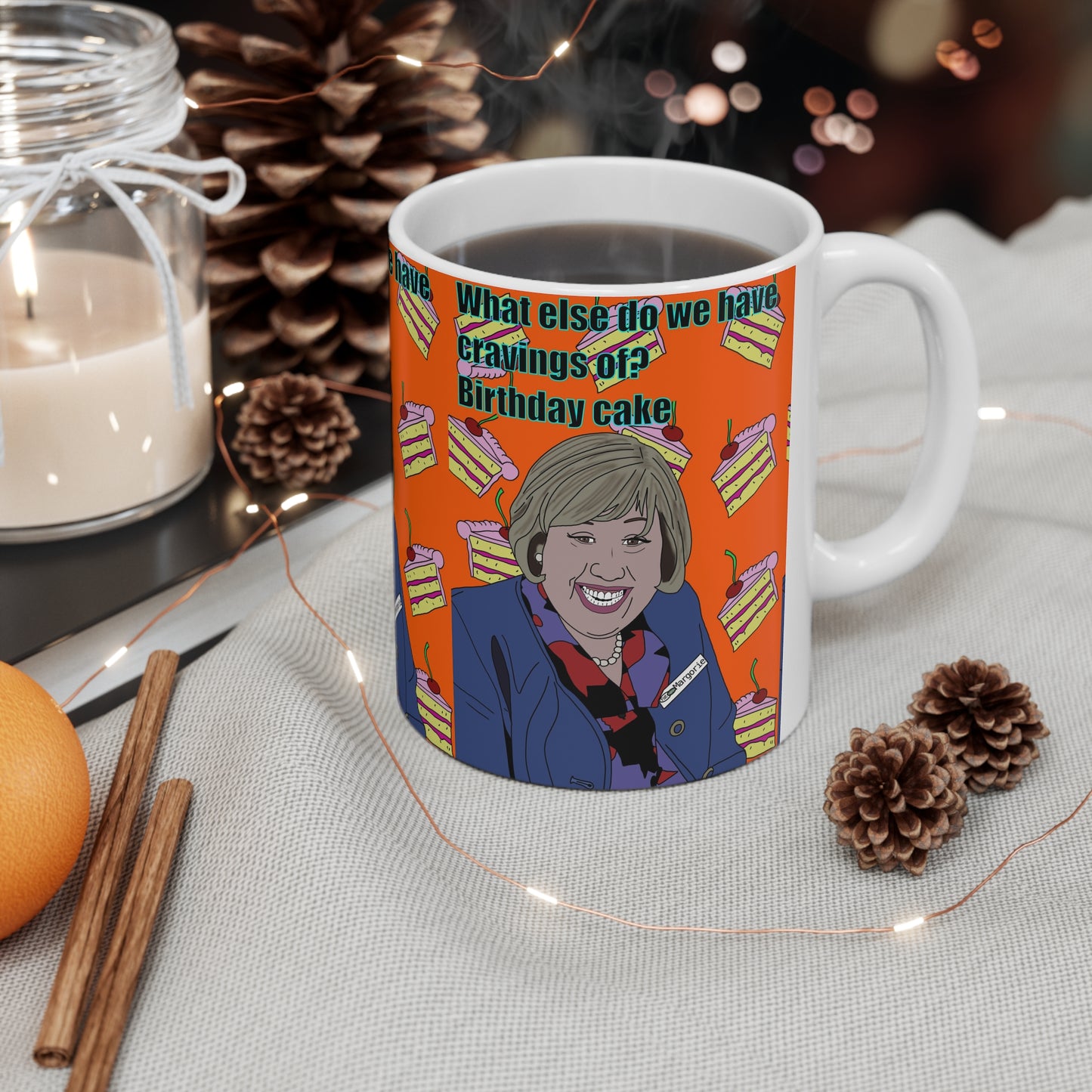 Marjorie Doors Birthday Cake Pattern Coffee Mug — Funny Retro Portrait Design