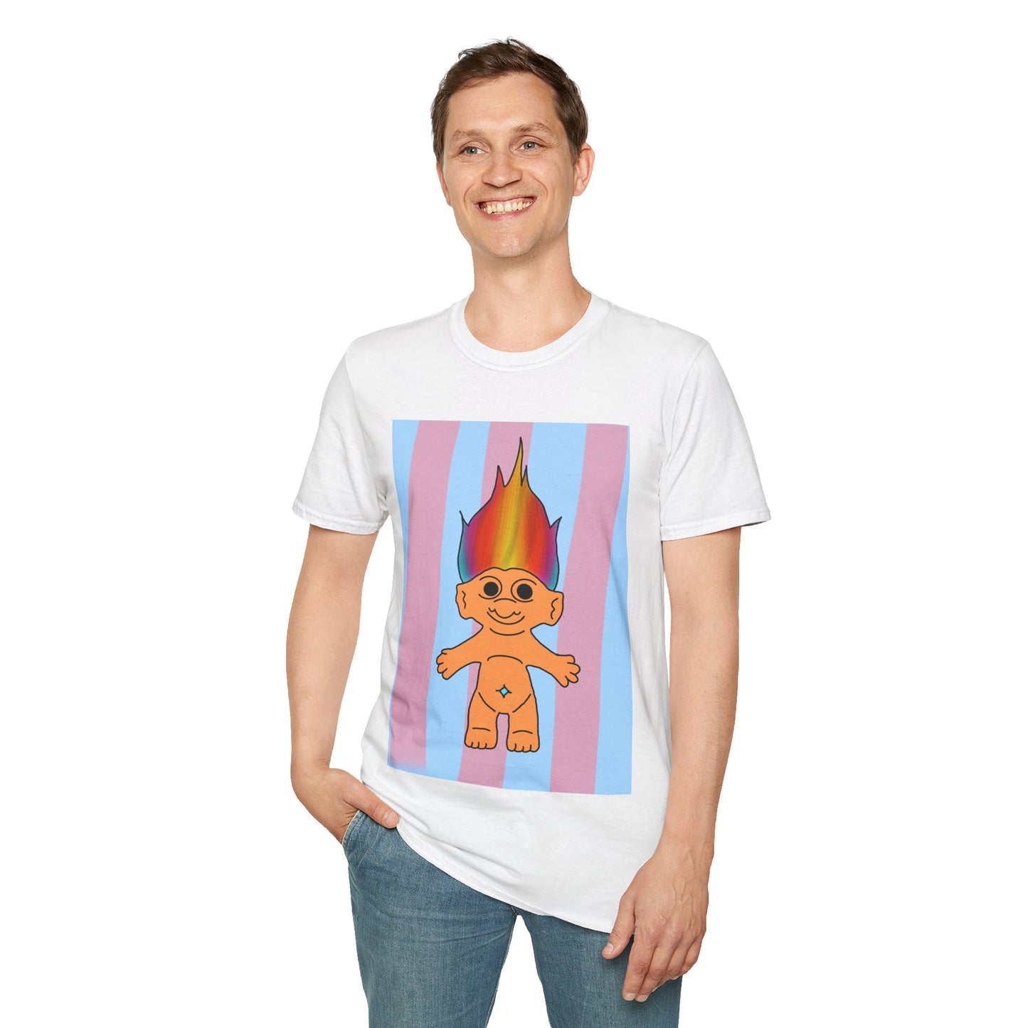 90s Retro Rainbow Troll T-Shirt — Colorful Flaming Hair Cartoon Tee