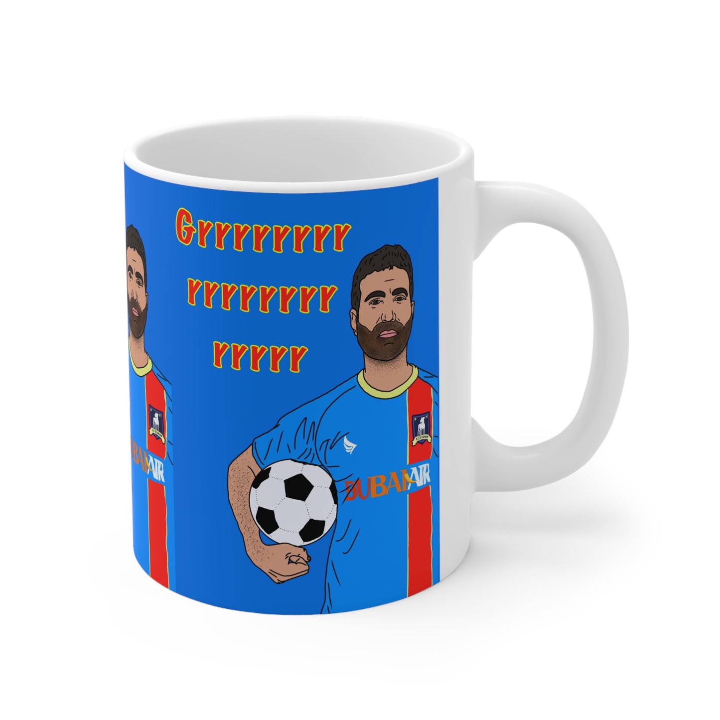Ted Lasso Soccer Fan Mug — IllustratedRoy Kent with Ball, 'Grrrrrrrr' Graphic Coffee Cup