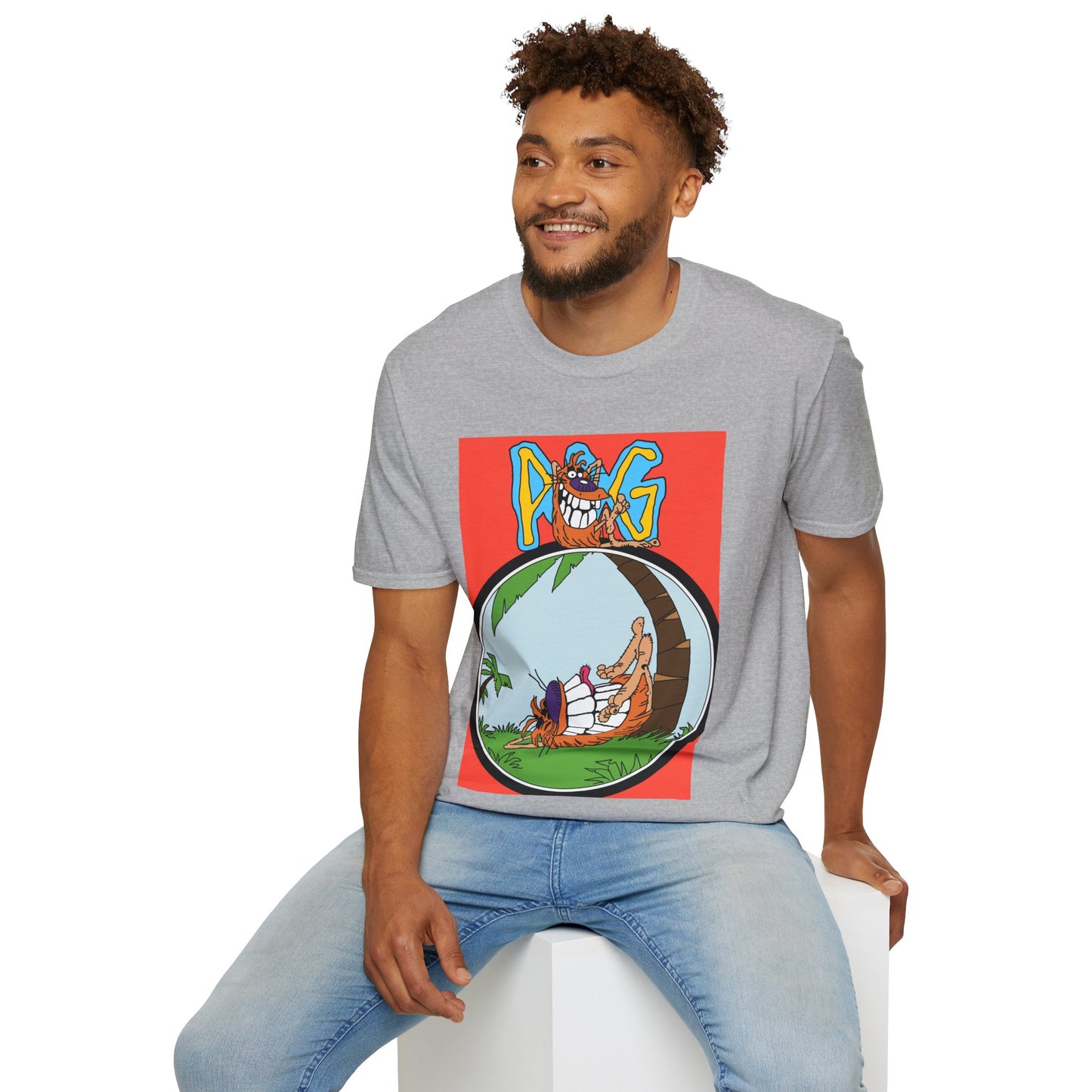 90s T-Shirt — "Pog" Graphic: Relaxing Pog in Hammock Tropical Tee