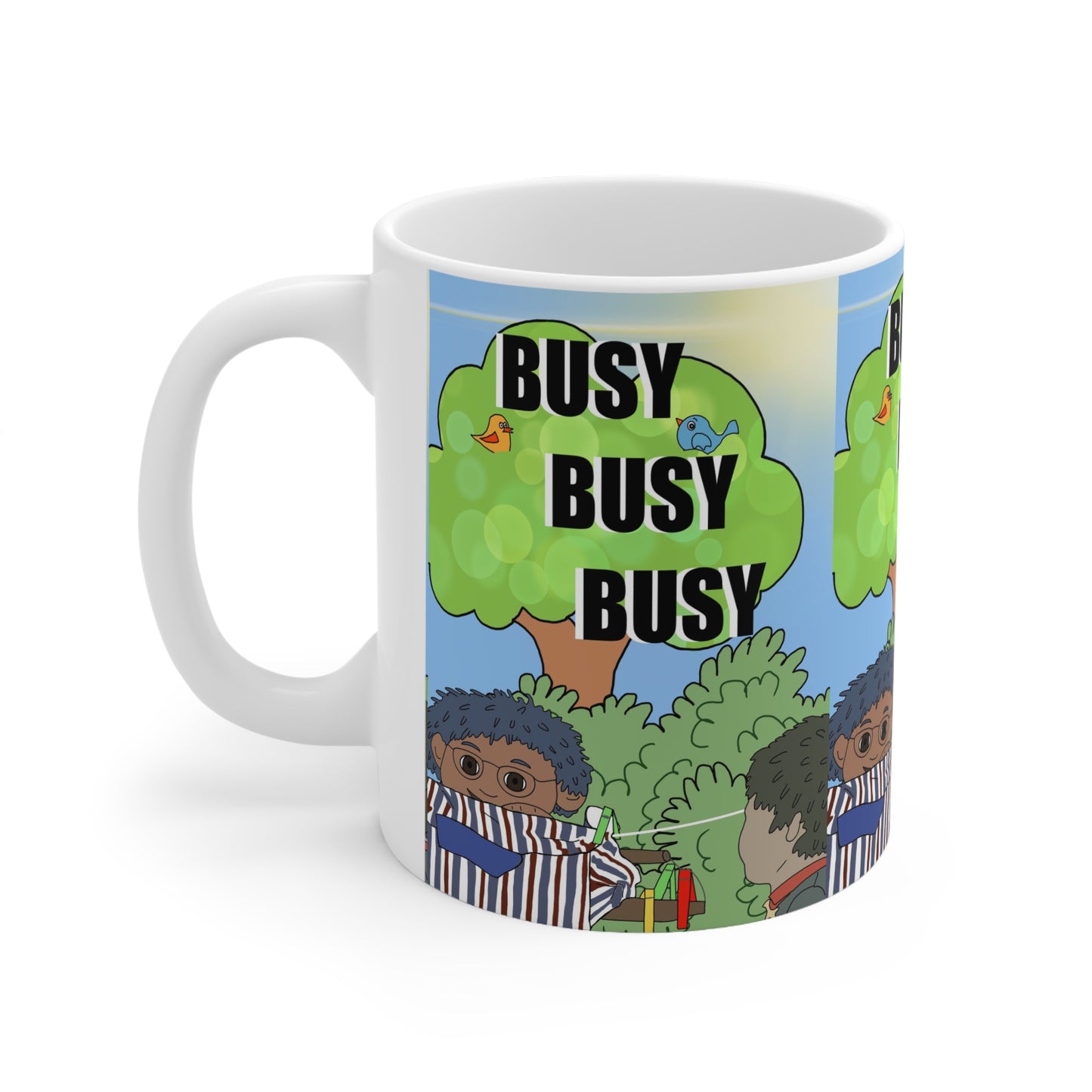 Busy Busy Busy Coffee Mug — Funny Cartoon Morning Coffee Cup (11oz, 15oz)