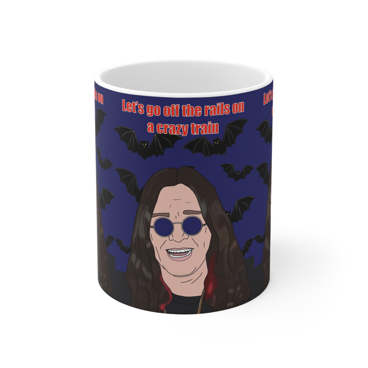 Ozzy Osbourne Cartoon Mug — "Let's Go Off the Rails on a Crazy Train" Ceramic Coffee Cup