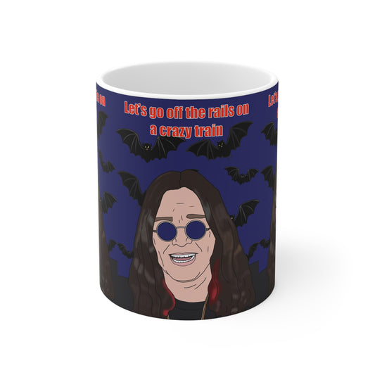 Ozzy Osbourne Cartoon Mug — "Let's Go Off the Rails on a Crazy Train" Ceramic Coffee Cup