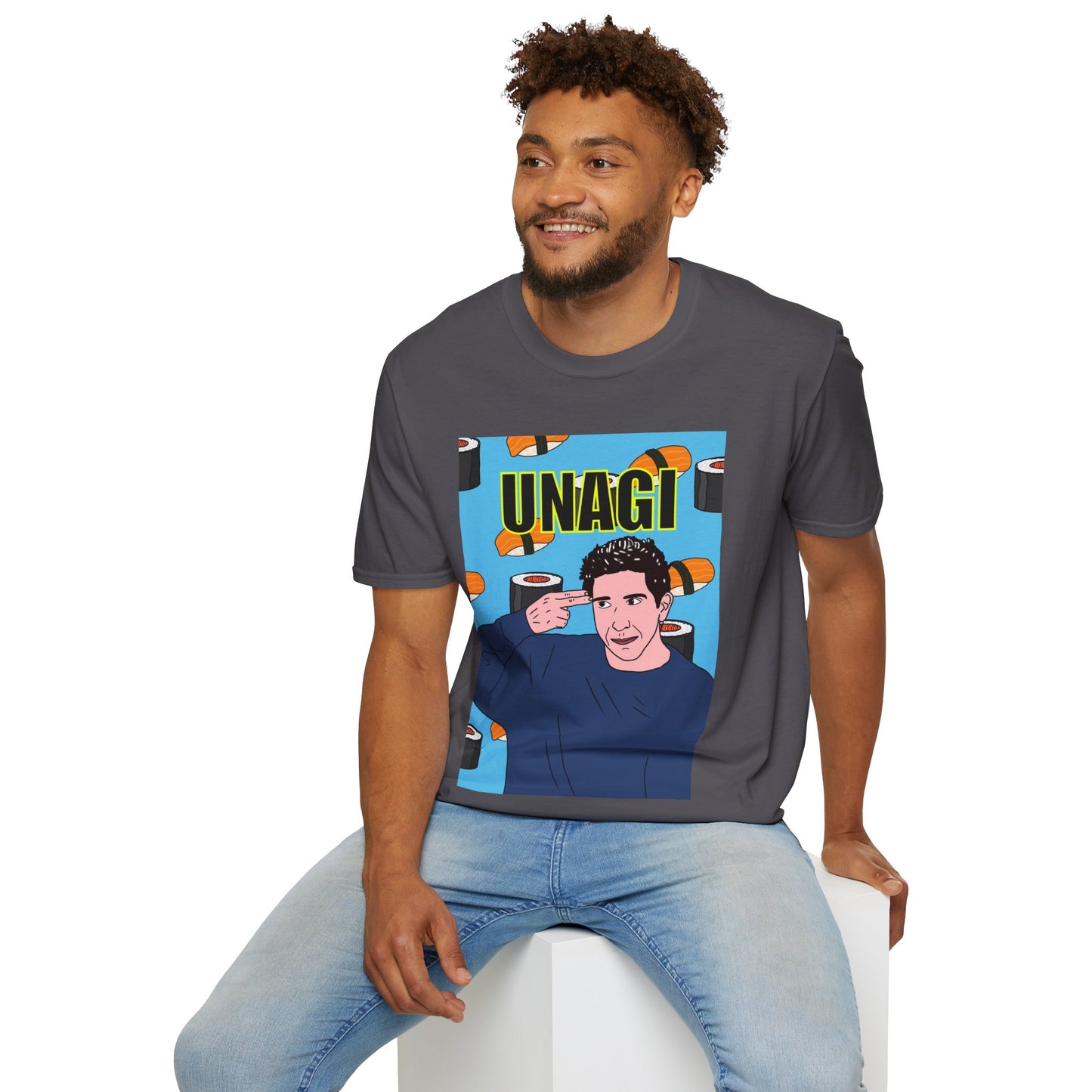 Ross Geller Friends Unagi Graphic T-Shirt — Pop Art Sushi Tee ("UNAGI")