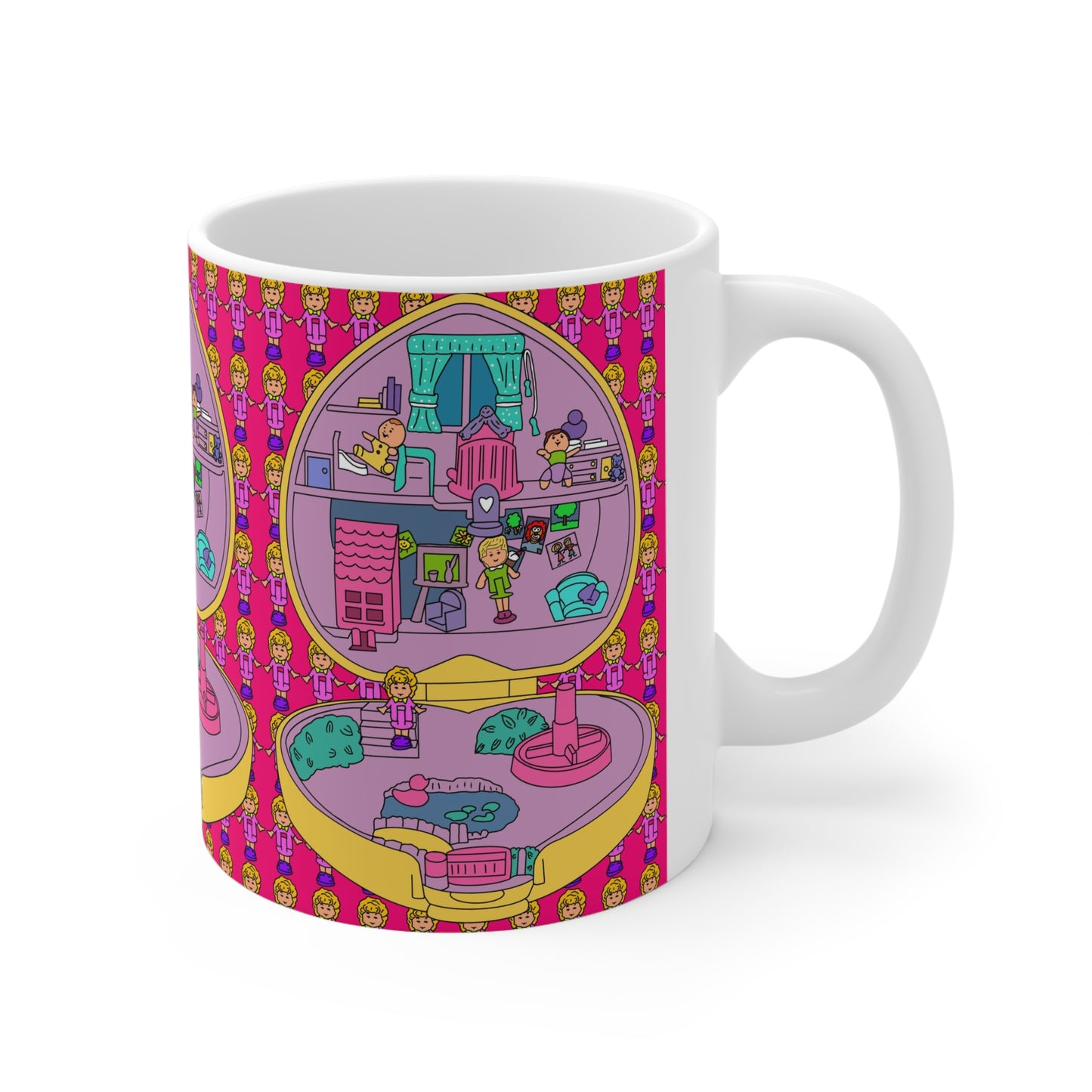 90s Polly Pocket Heart-Shaped Dollhouse Pattern Ceramic Coffee Mug — Colorful