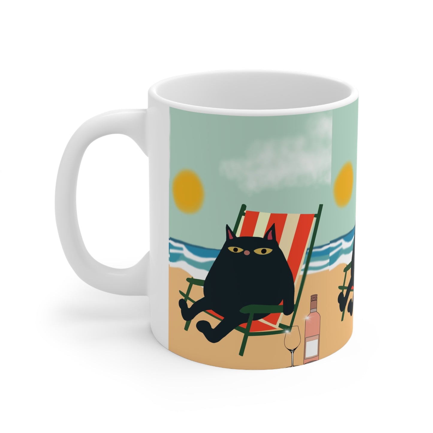 Cat Beach Mug — Black Cat Lounging on Deck Chair Coffee Cup (11oz & 15oz)