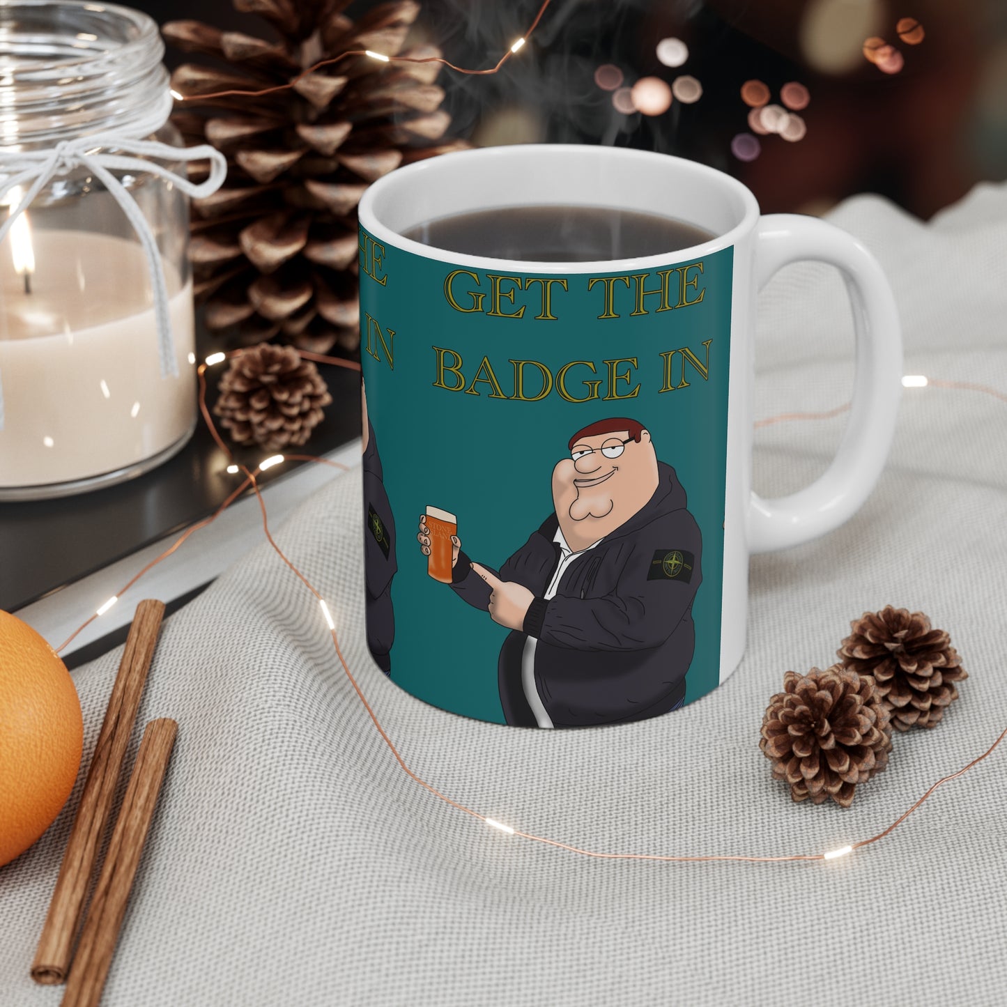 Stone Island Badge Ceramic Mug — 'Get the Badge In' Funny Cartoon Guy Beer Coffee Cup