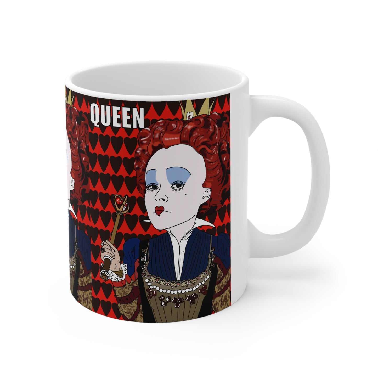 Queen Illustration Coffee Mug – Red Heart Pattern
