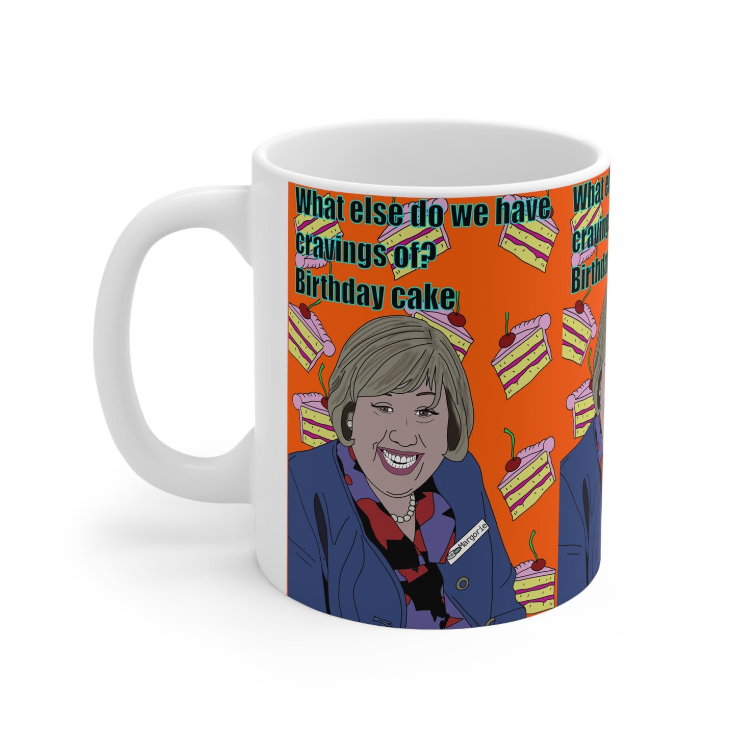 Marjorie Doors Birthday Cake Pattern Coffee Mug — Funny Retro Portrait Design