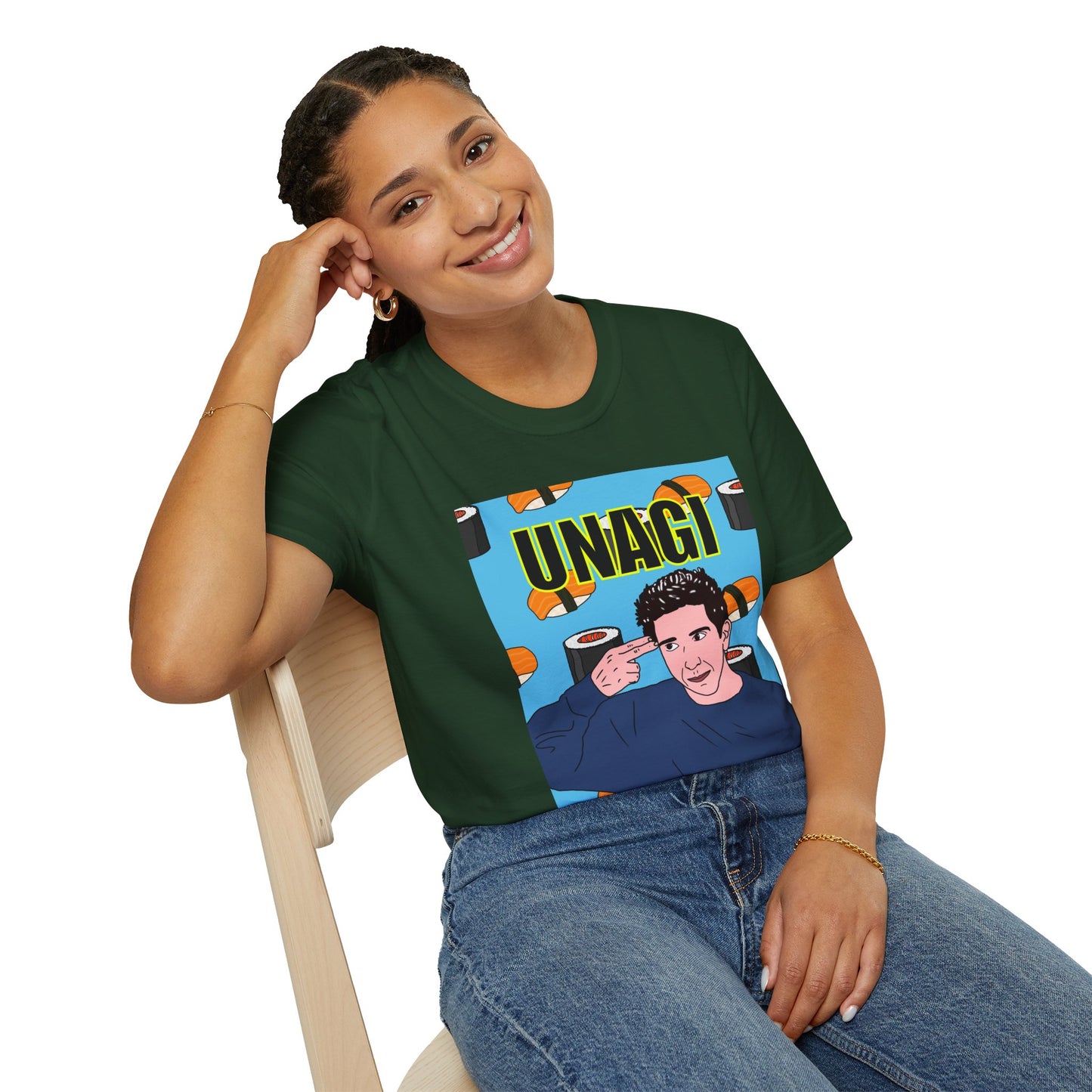 Ross Geller Friends Unagi Graphic T-Shirt — Pop Art Sushi Tee ("UNAGI")