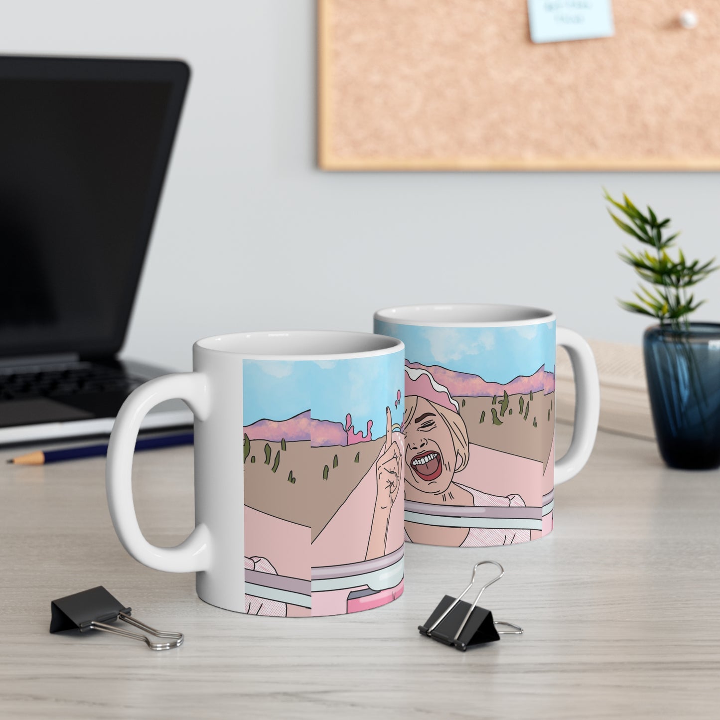 Margot Robbie Ceramic Mug — Retro Pink Road Trip Illustration