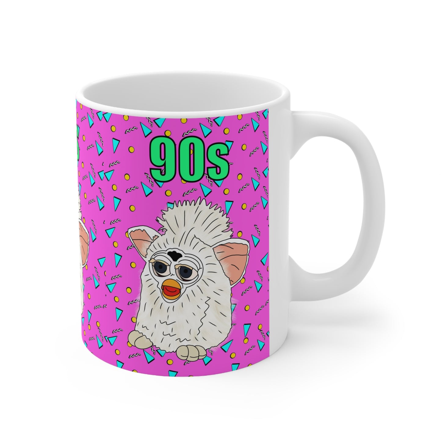 90s Retro Furby Ceramic Coffee Mug — Nostalgic Vaporwave Pattern,