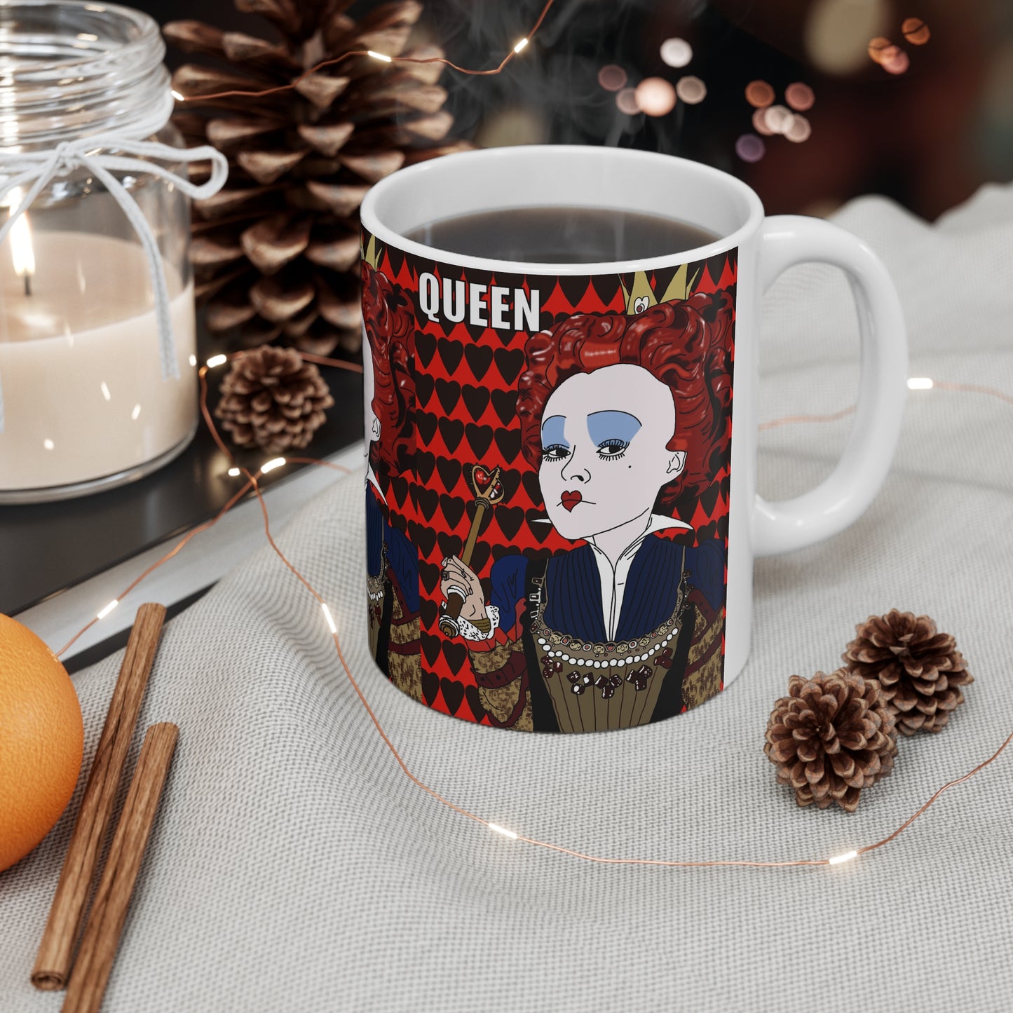 Queen Illustration Coffee Mug – Red Heart Pattern