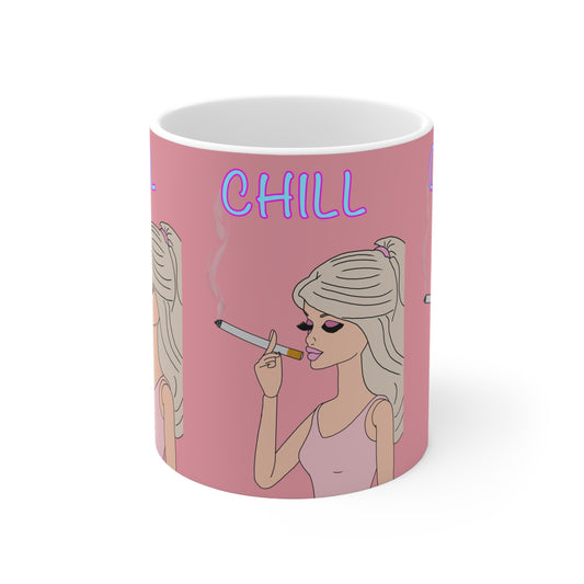 Chill Girl Ceramic Coffee Mug — Retro Pink Smoking Illustration