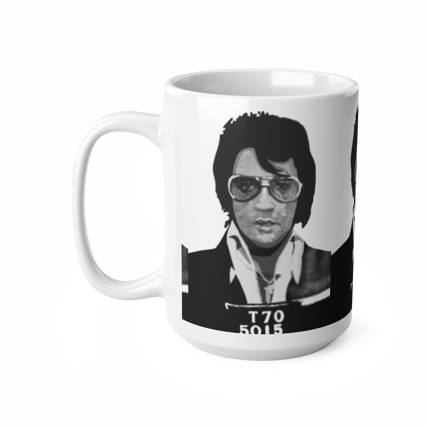 Elvis Mugshot Retro Black & White Mug — Vintage Rock Celebrity Portrait Ceramic Coffee Cup