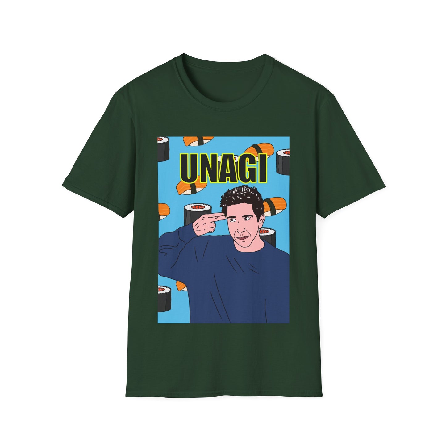 Ross Geller Friends Unagi Graphic T-Shirt — Pop Art Sushi Tee ("UNAGI")