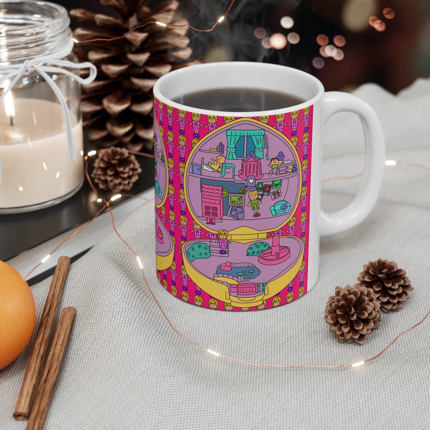 90s Polly Pocket Heart-Shaped Dollhouse Pattern Ceramic Coffee Mug — Colorful
