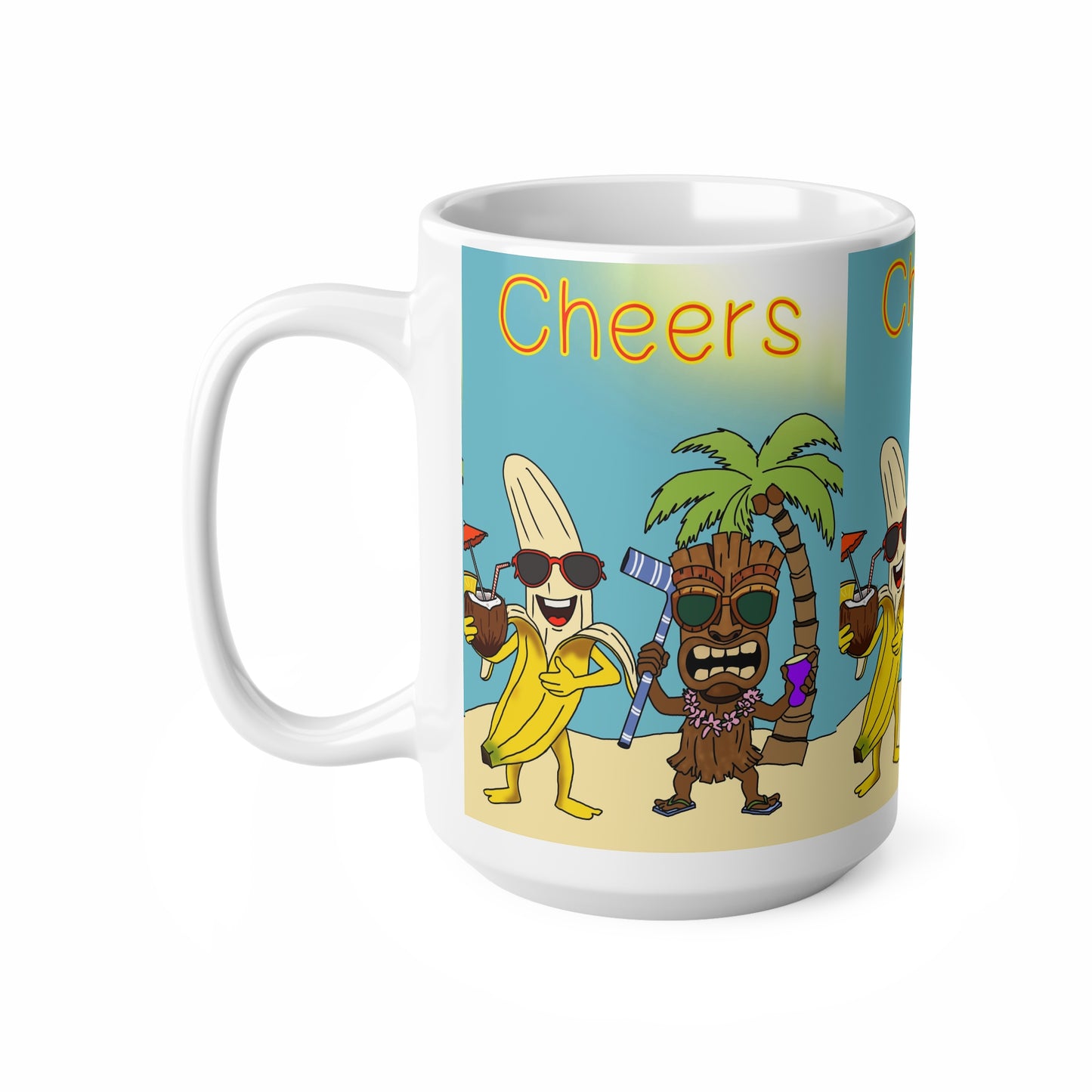 Cheers Beach Party Mug — Tropical Tiki Banana Coffee Cup (11oz & 15oz)