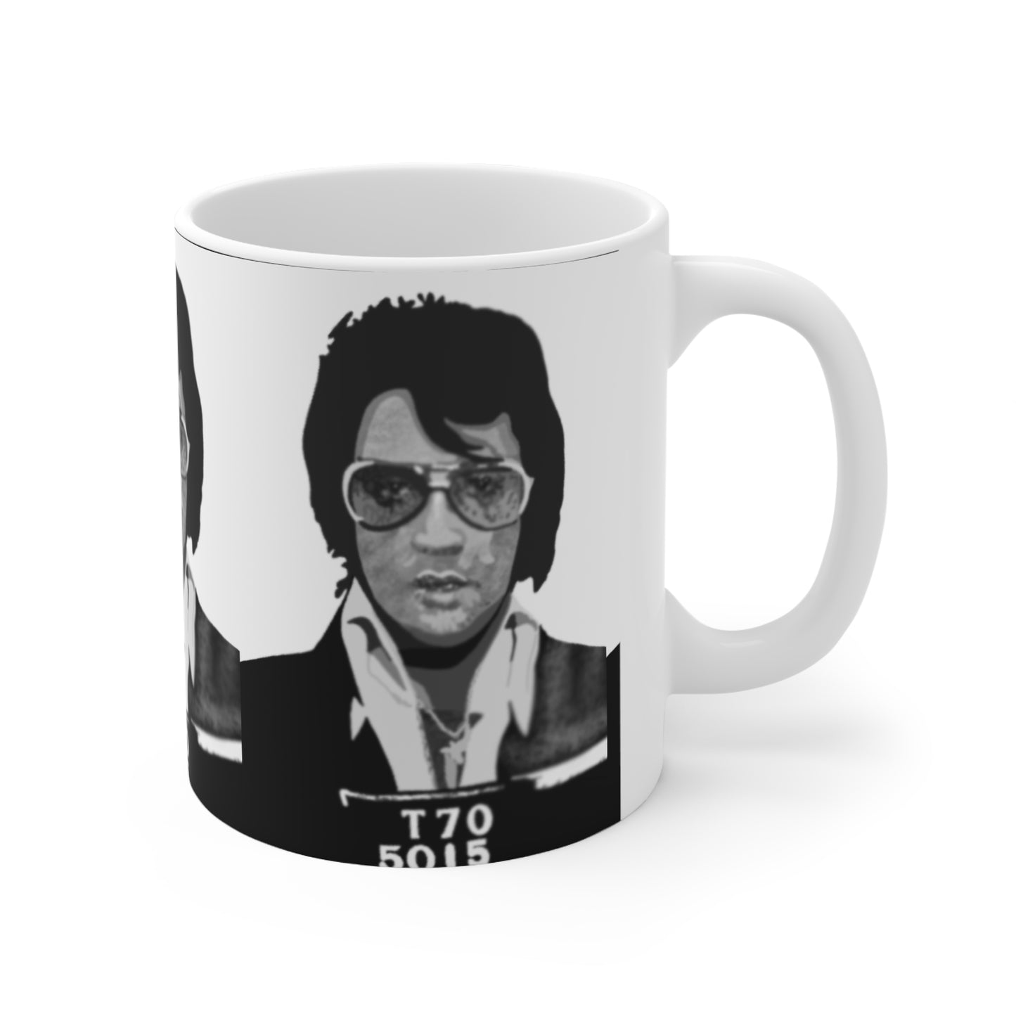 Elvis Mugshot Retro Black & White Mug — Vintage Rock Celebrity Portrait Ceramic Coffee Cup