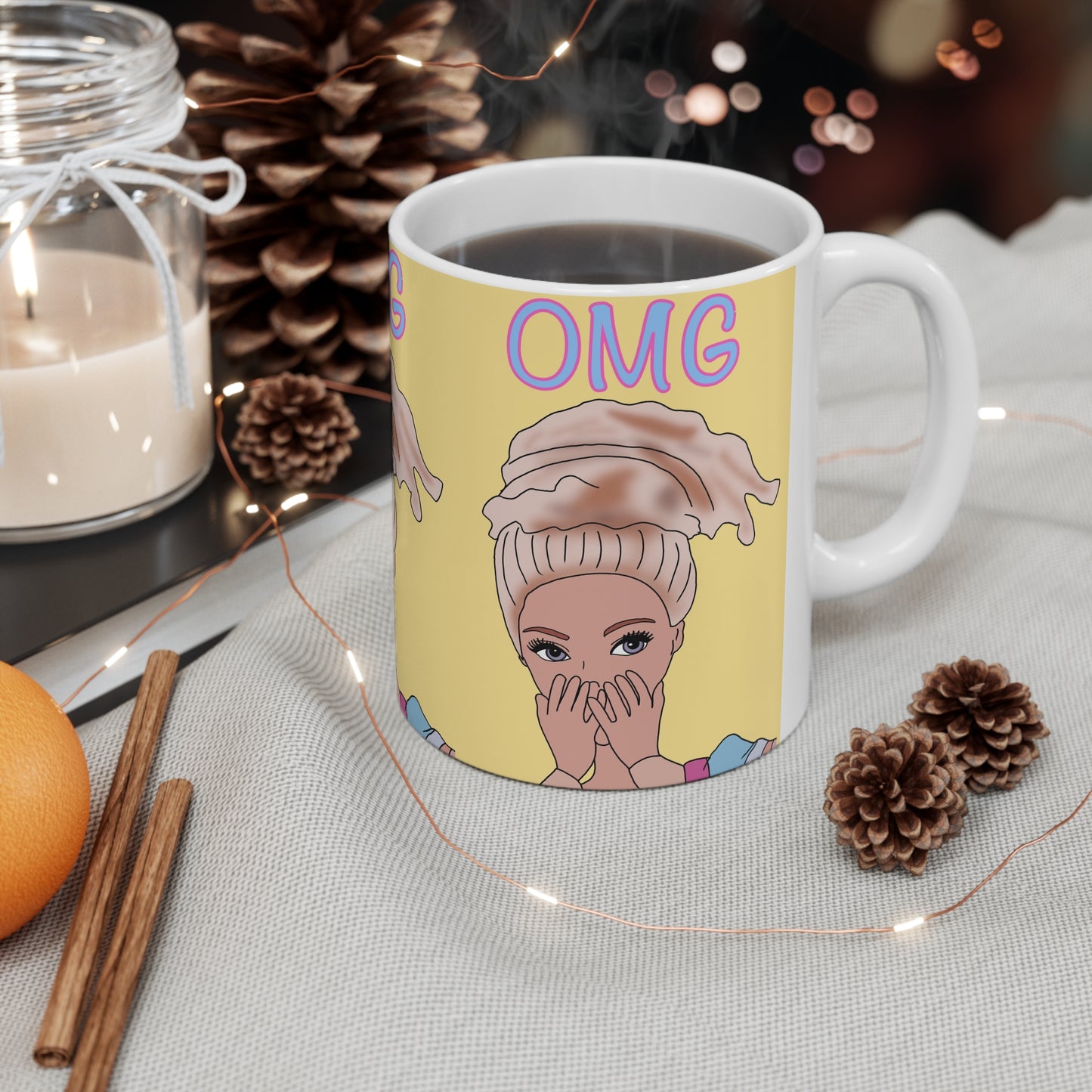 OMG Blonde Girl Pattern Ceramic Coffee Mug — Cute Pop Art 11oz/15oz