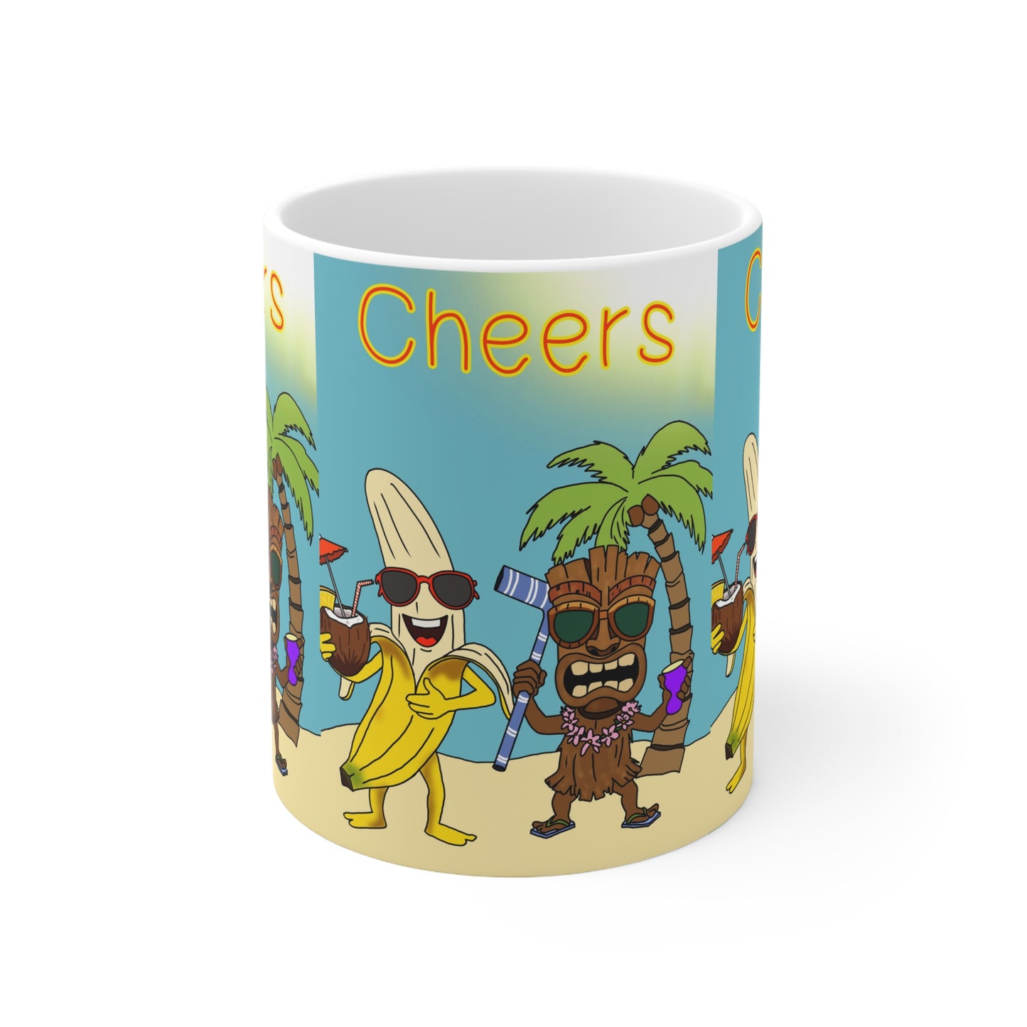Cheers Beach Party Mug — Tropical Tiki Banana Coffee Cup (11oz & 15oz)