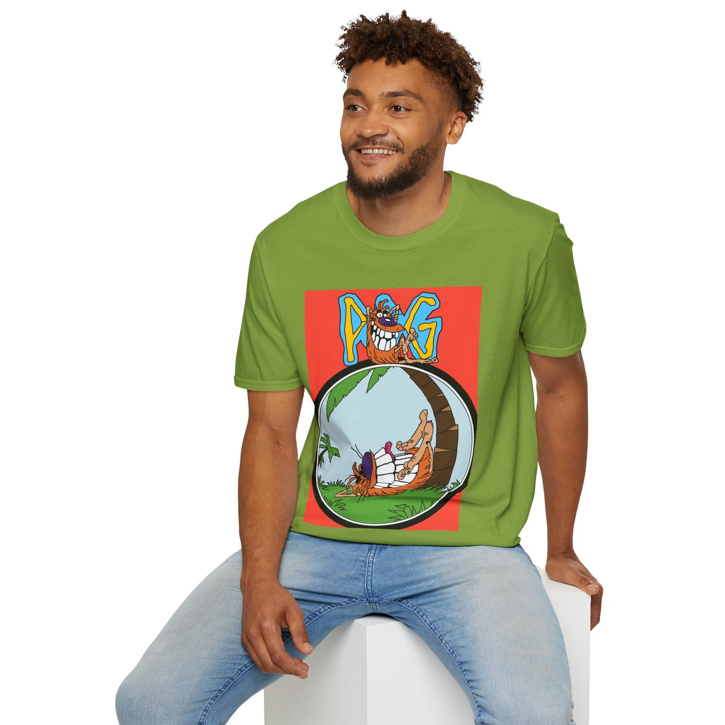 90s T-Shirt — "Pog" Graphic: Relaxing Pog in Hammock Tropical Tee