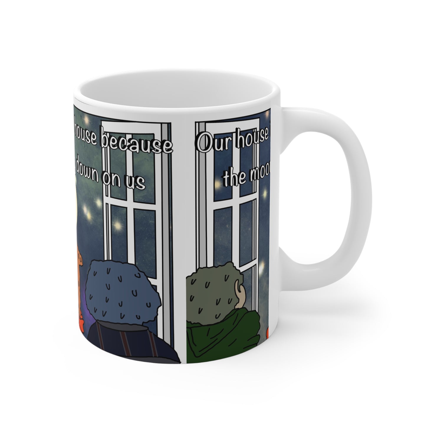 11oz Mug — 'Our House is a Happy House' Cozy Night Moon Illustration