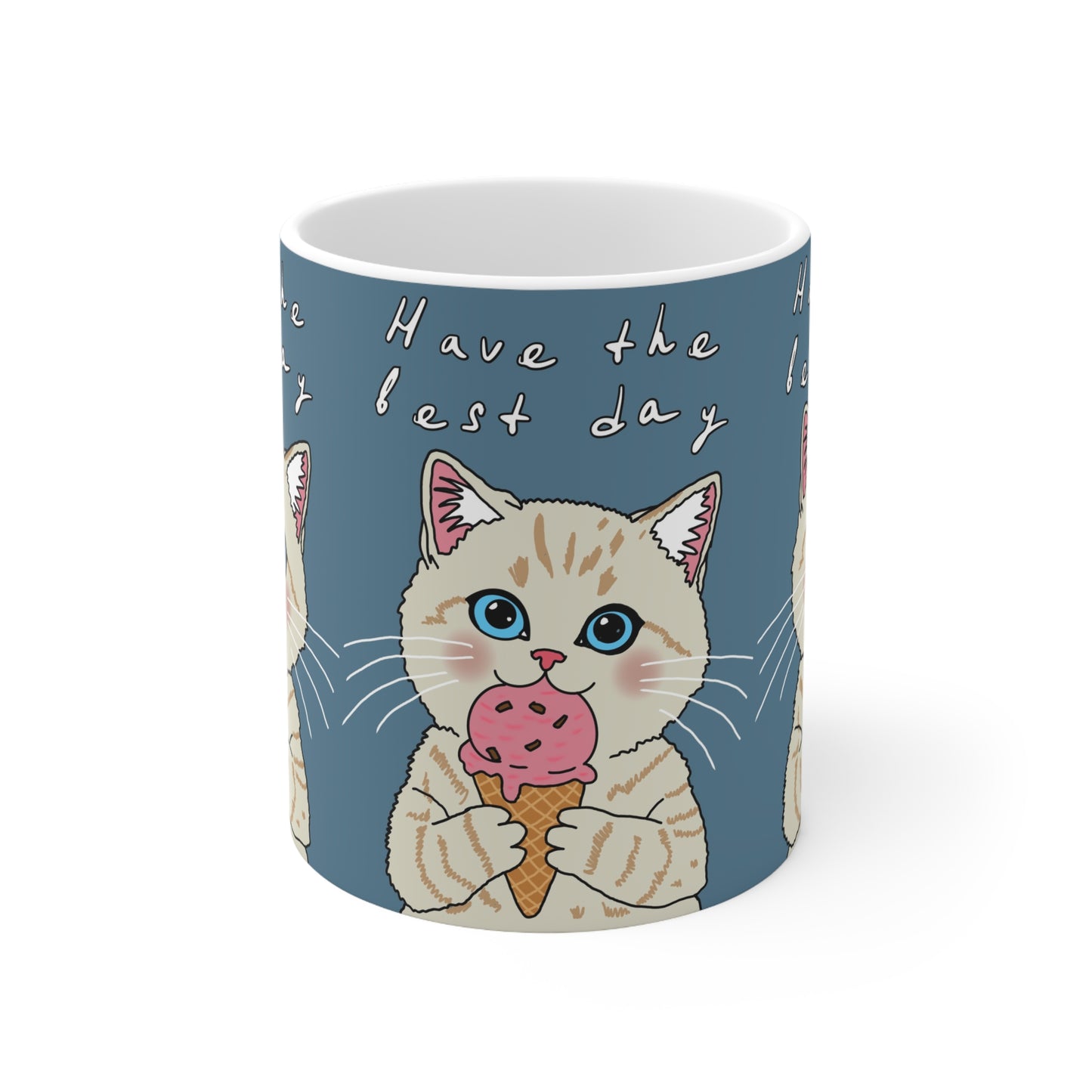 Cute Kitten Ice Cream Mug — “Have the Best Day” Ceramic Coffee Cup