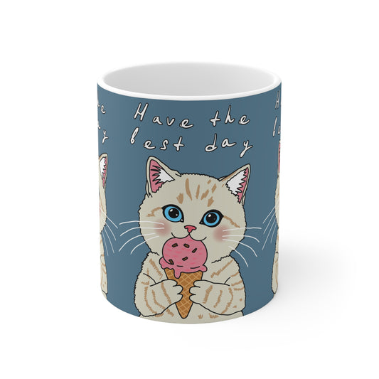 Cute Kitten Ice Cream Mug — “Have the Best Day” Ceramic Coffee Cup