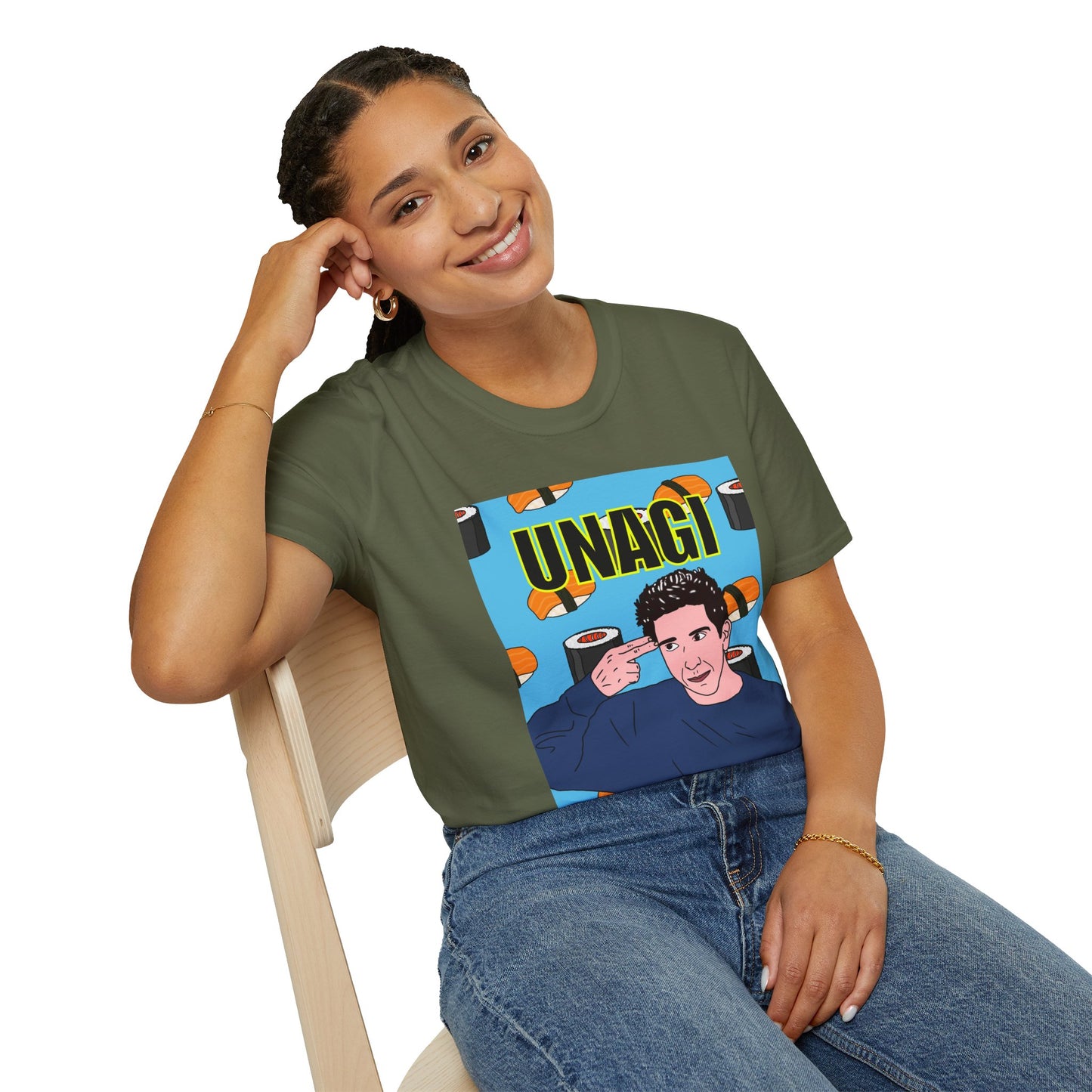 Ross Geller Friends Unagi Graphic T-Shirt — Pop Art Sushi Tee ("UNAGI")