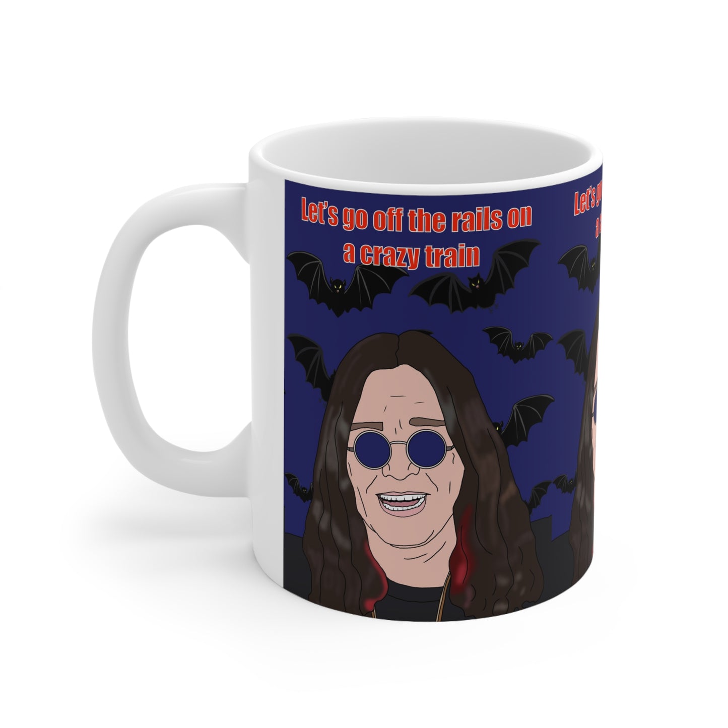 Ozzy Osbourne Cartoon Mug — "Let's Go Off the Rails on a Crazy Train" Ceramic Coffee Cup