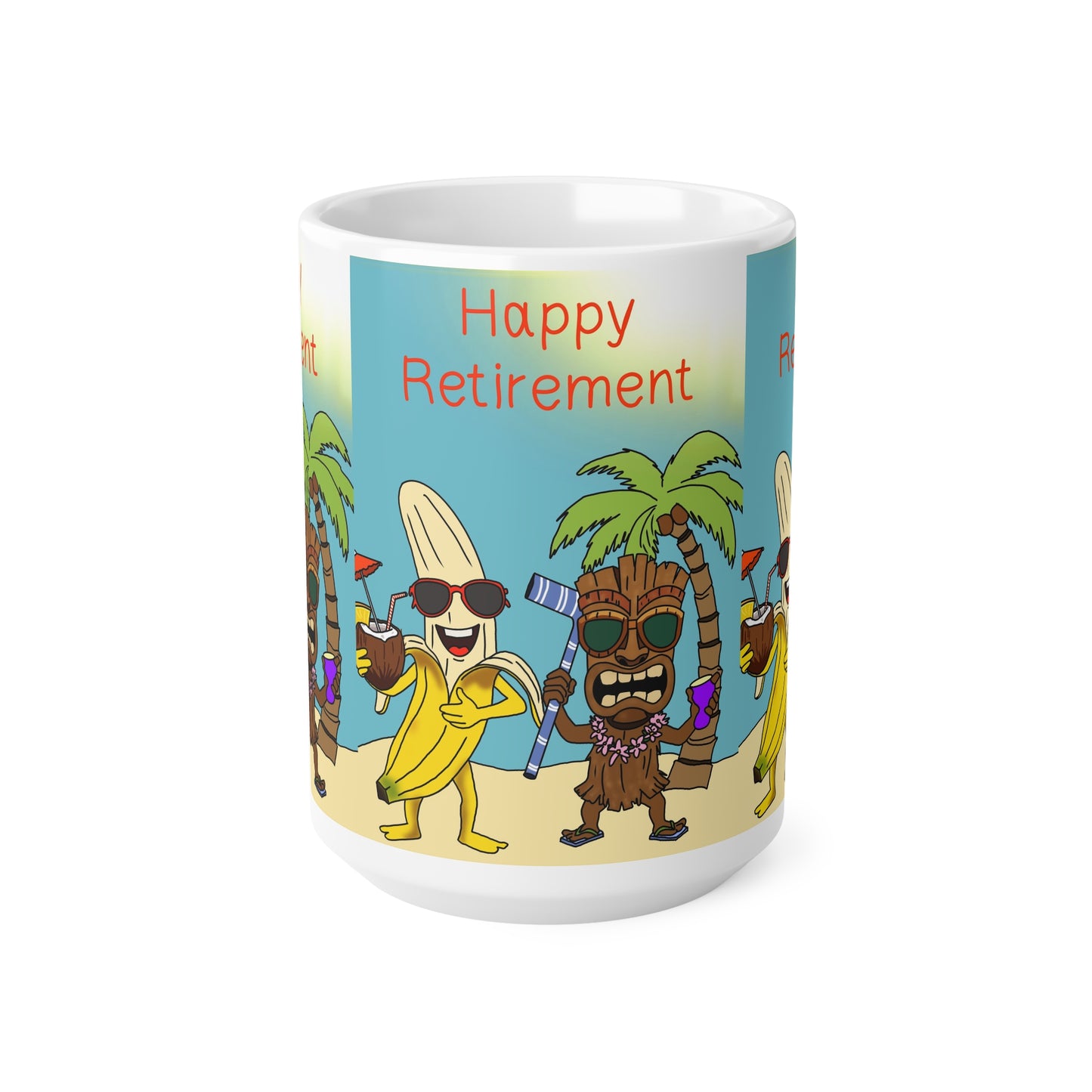 Retirement Beach Party Mug — "Happy Retirement" Tropical Tiki & Banana Coffee Cup (11oz, 15oz)