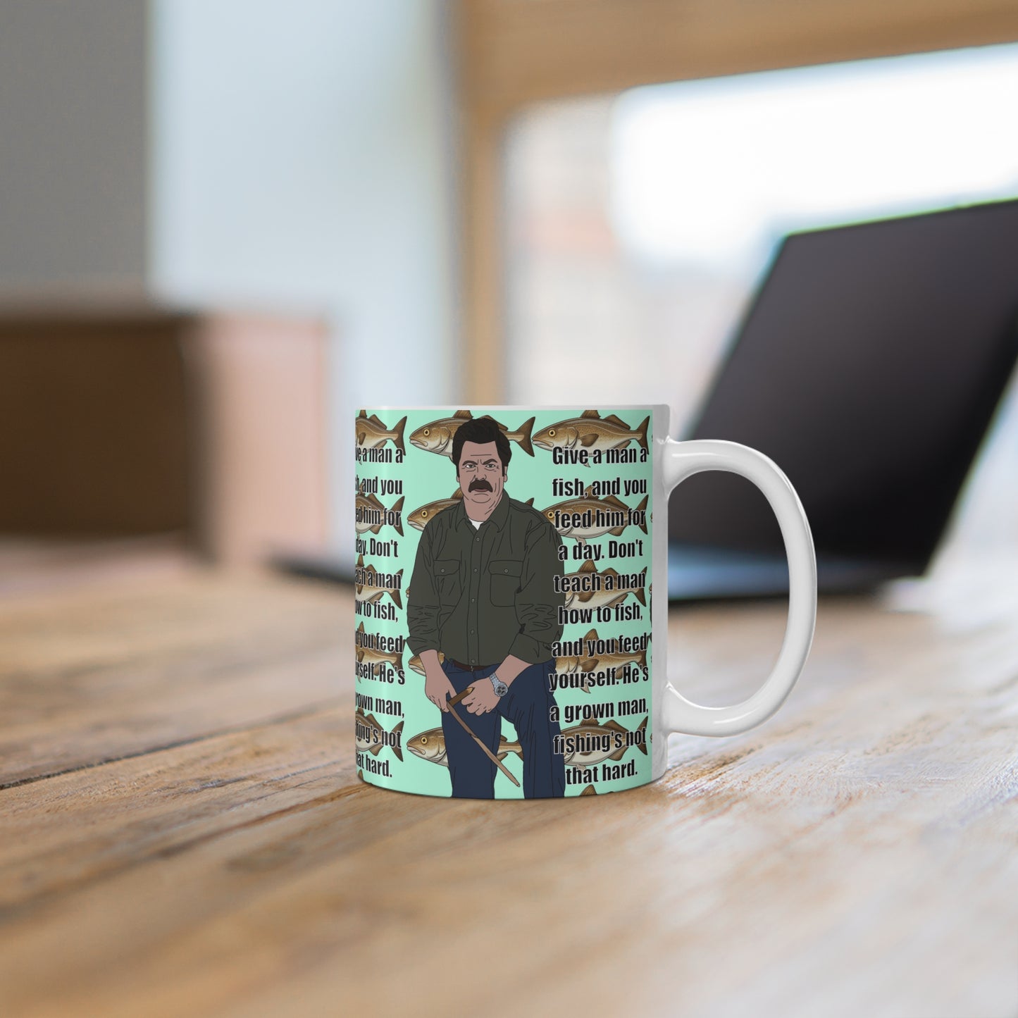 Fishing Ron Swanson Quote Coffee Mug — 'Give a man a fish...' Ceramic