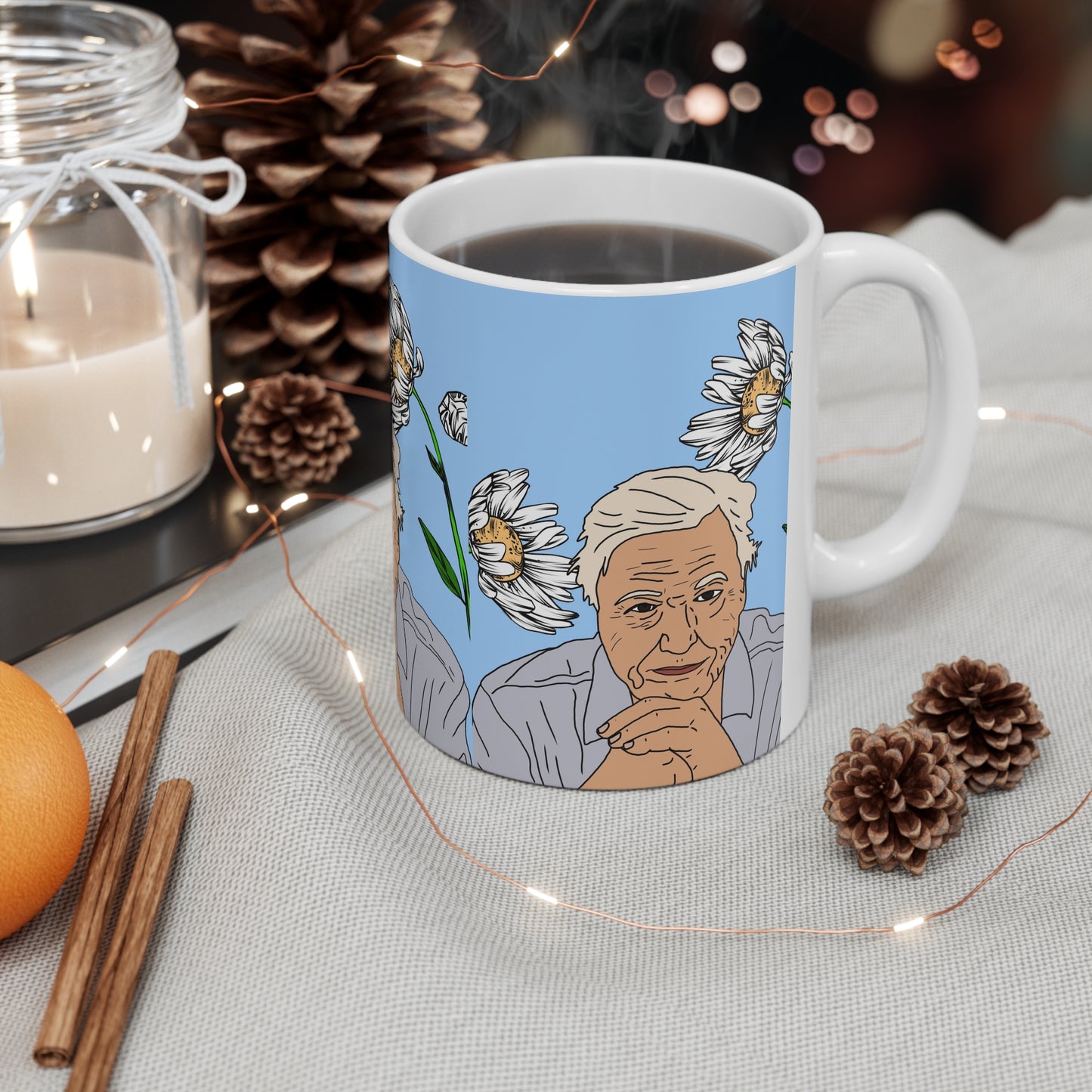 David Attenborough Documentary Icon Mug — Floral Portrait Coffee Cup
