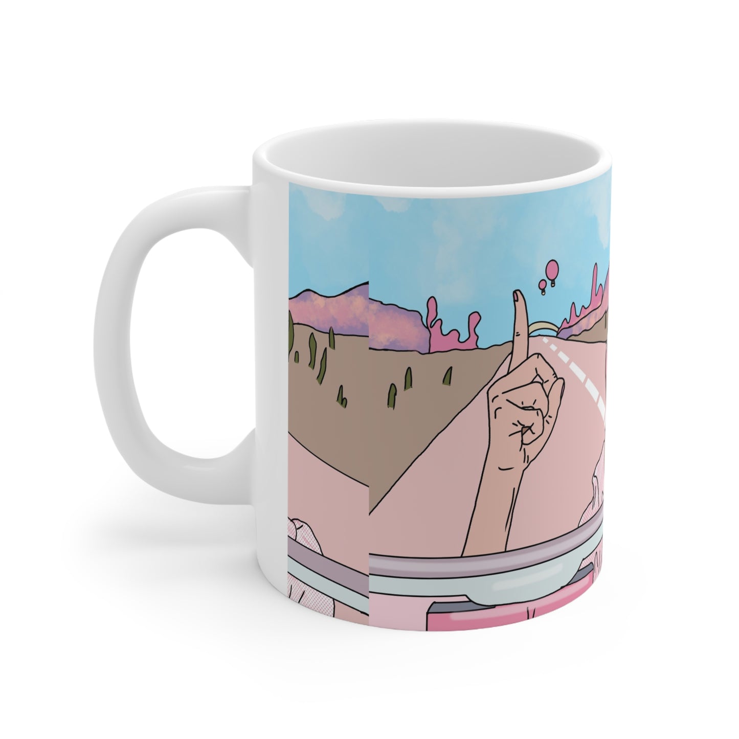Margot Robbie Ceramic Mug — Retro Pink Road Trip Illustration