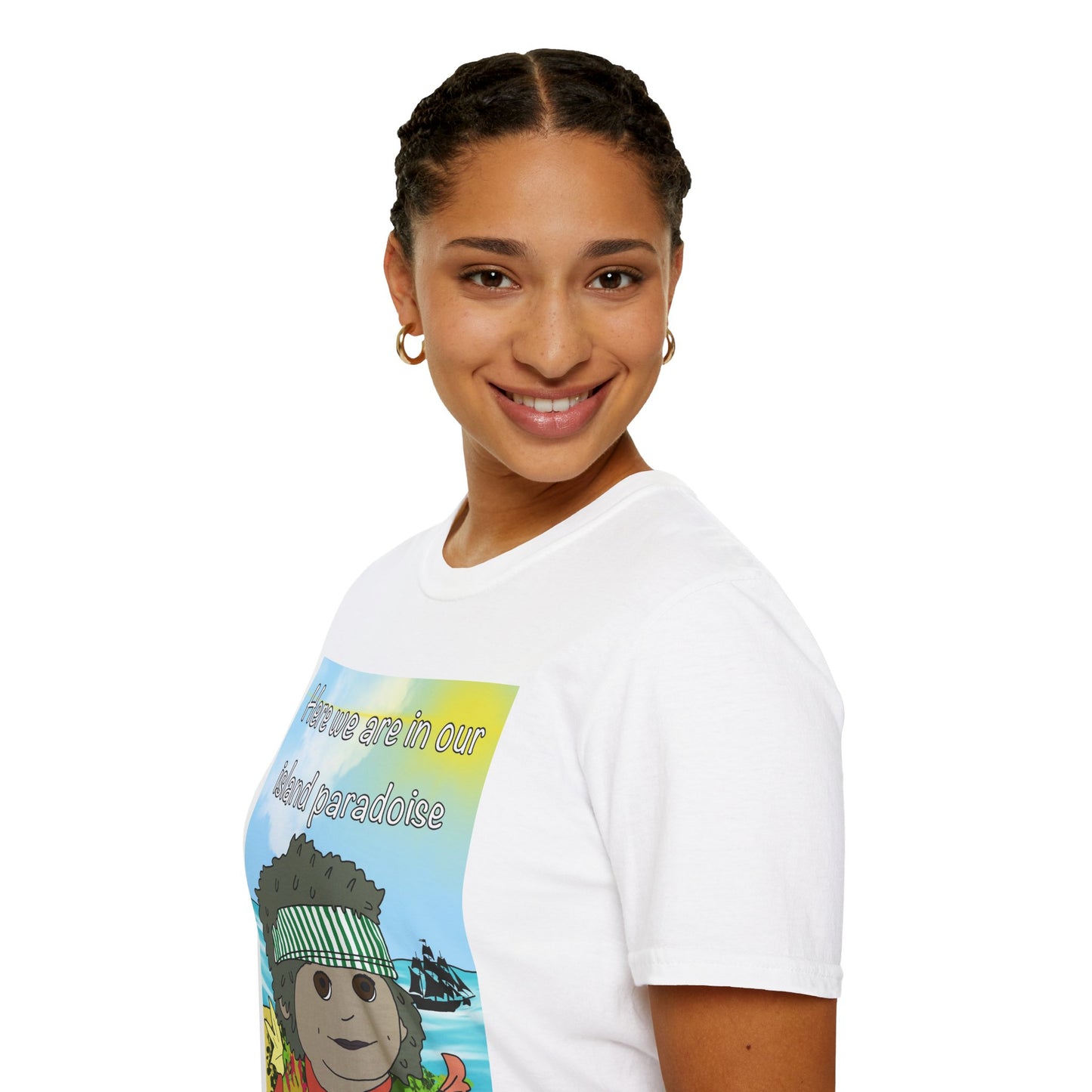 Island Paradise Graphic T-Shirt — "Here we are in our island paradise" Cute Tropical Bear Tee