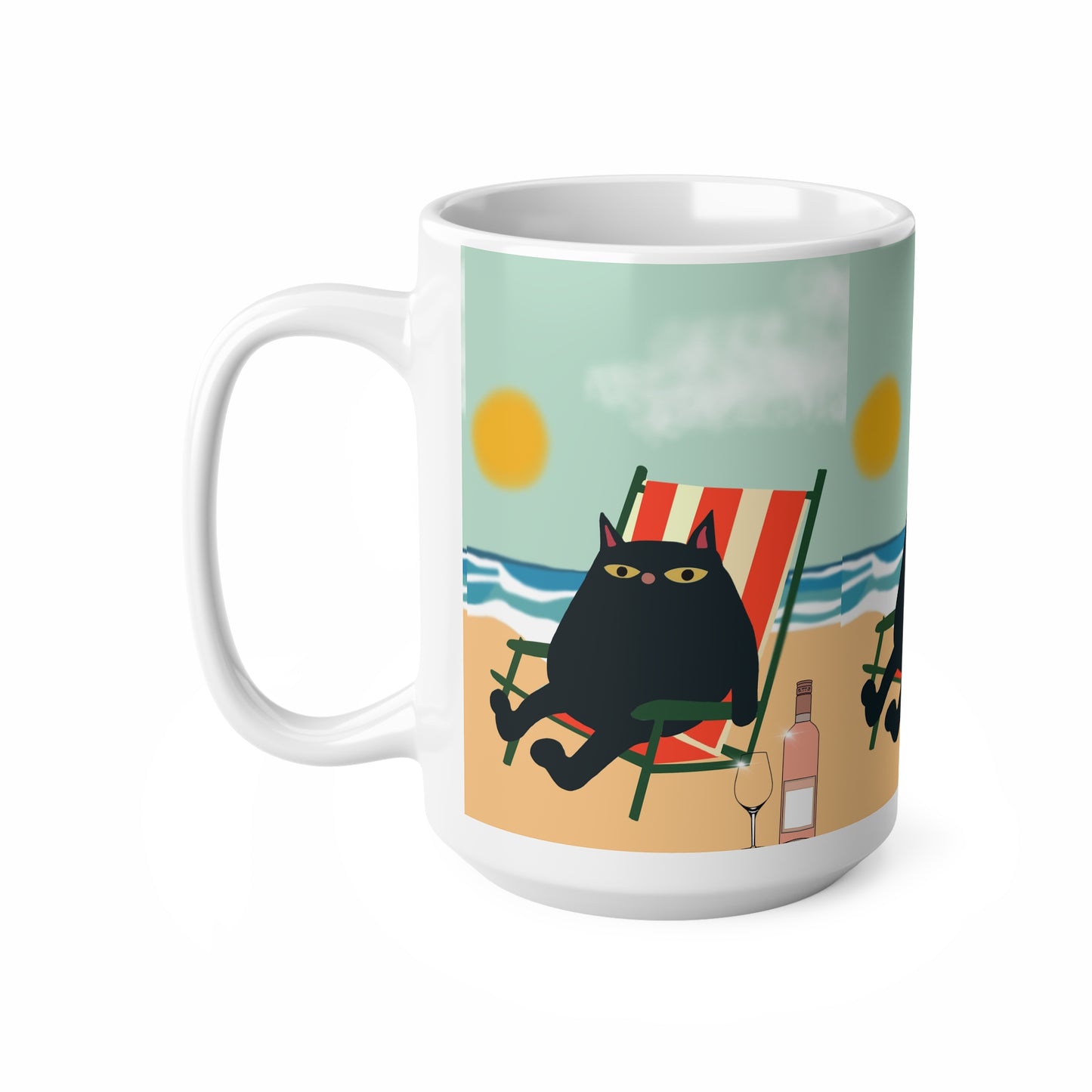 Cat Beach Mug — Black Cat Lounging on Deck Chair Coffee Cup (11oz & 15oz)