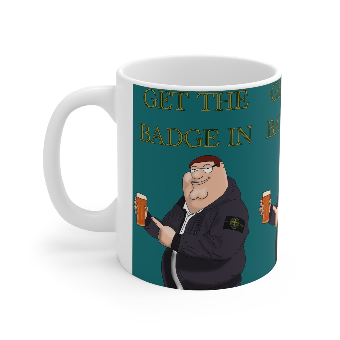 Stone Island Badge Ceramic Mug — 'Get the Badge In' Funny Cartoon Guy Beer Coffee Cup